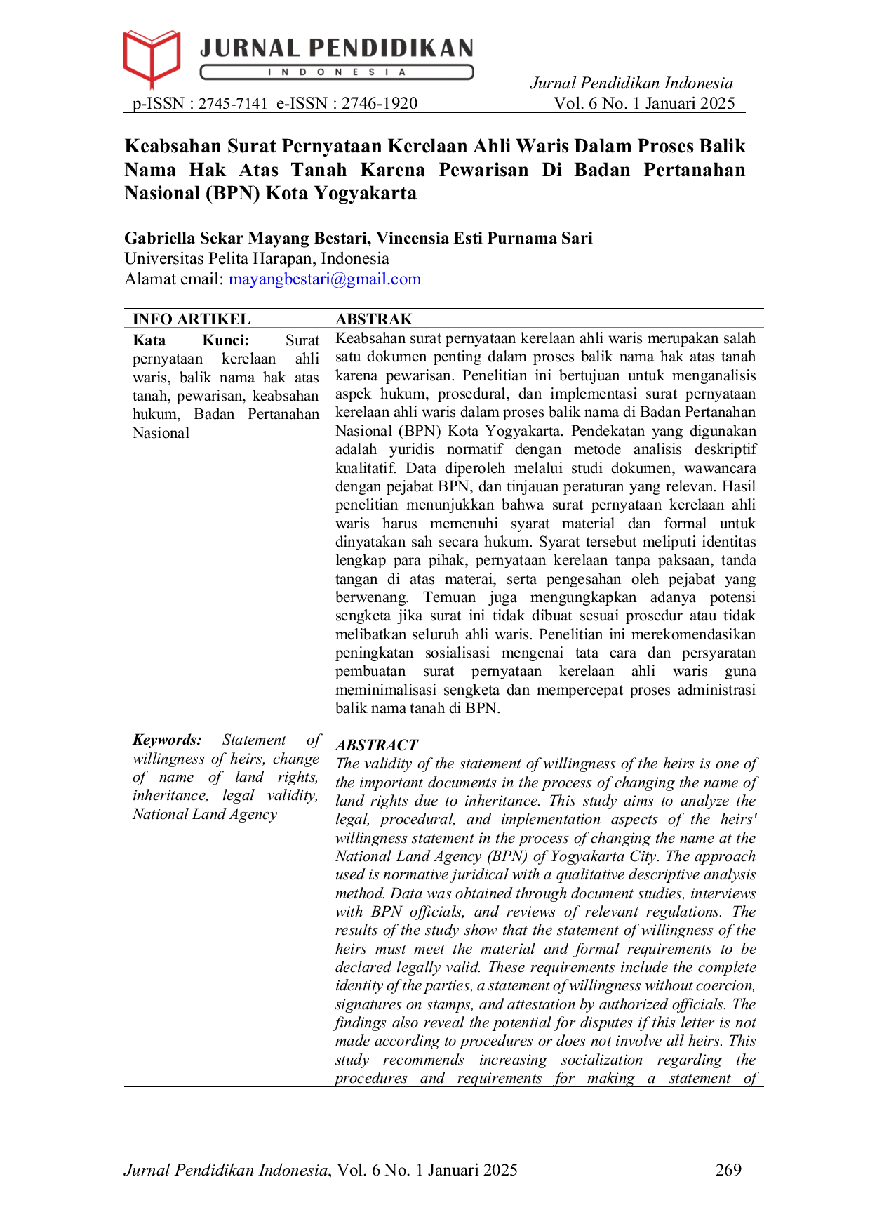 JURIS Keabsahan Surat Pernyataan Kerelaan Ahli Waris Dalam Proses Balik Nama Hak Atas Tanah Karena Pewarisan Di Badan Pertanahan Nasional BPN Kota Yogyakarta