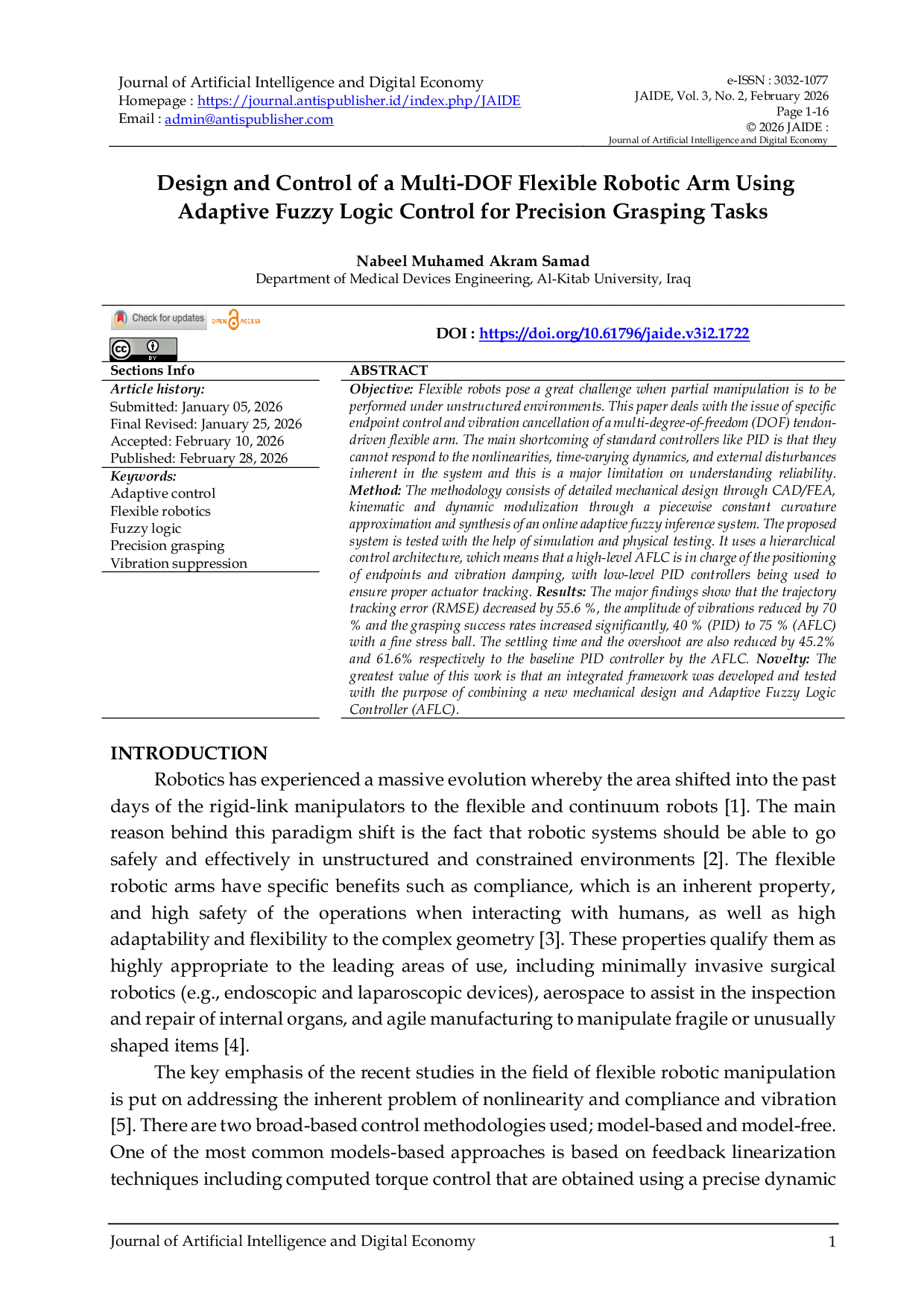JURIS Design and Control of a Multi DOF Flexible Robotic Arm Using Adaptive Fuzzy Logic Control for Precision Grasping Tasks
