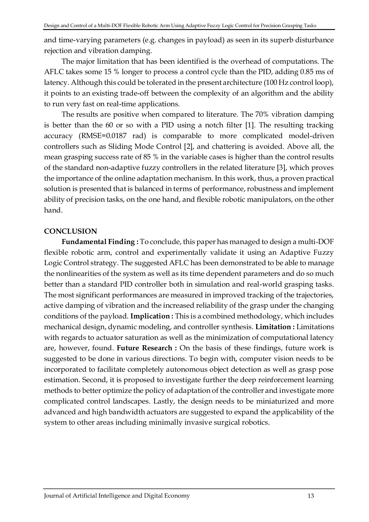 JURIS Design and Control of a Multi DOF Flexible Robotic Arm Using Adaptive Fuzzy Logic Control for Precision Grasping Tasks