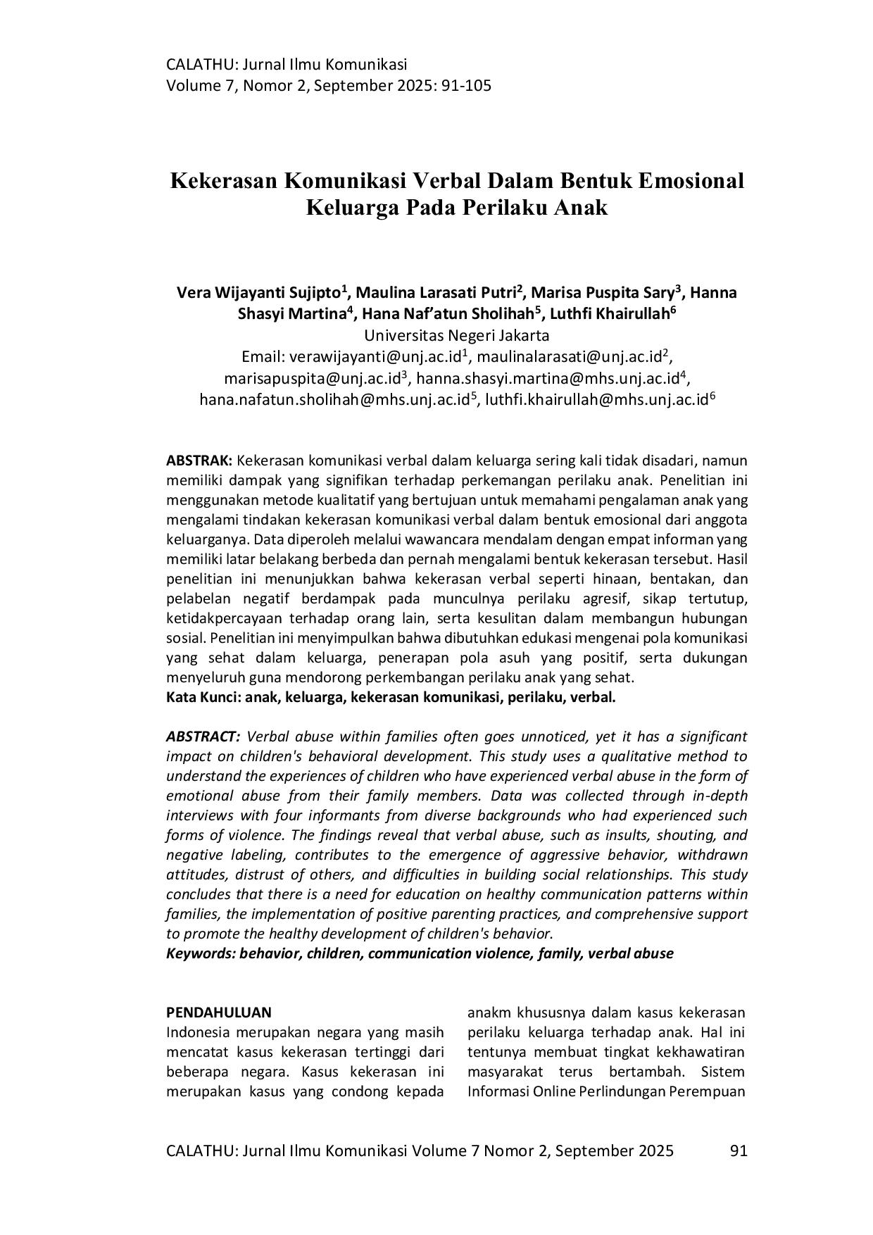 JURIS Kekerasan Komunikasi Verbal Dalam Bentuk Emosional Keluarga Pada Perilaku Anak