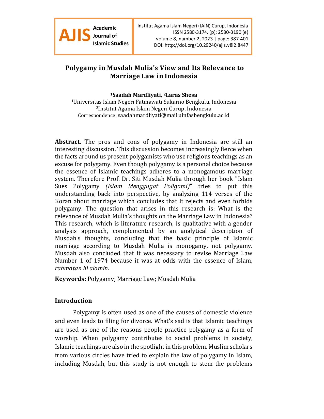 JURIS Polygamy in Musdah Mulia s View and Its Relevance to Marriage Law in Indonesia