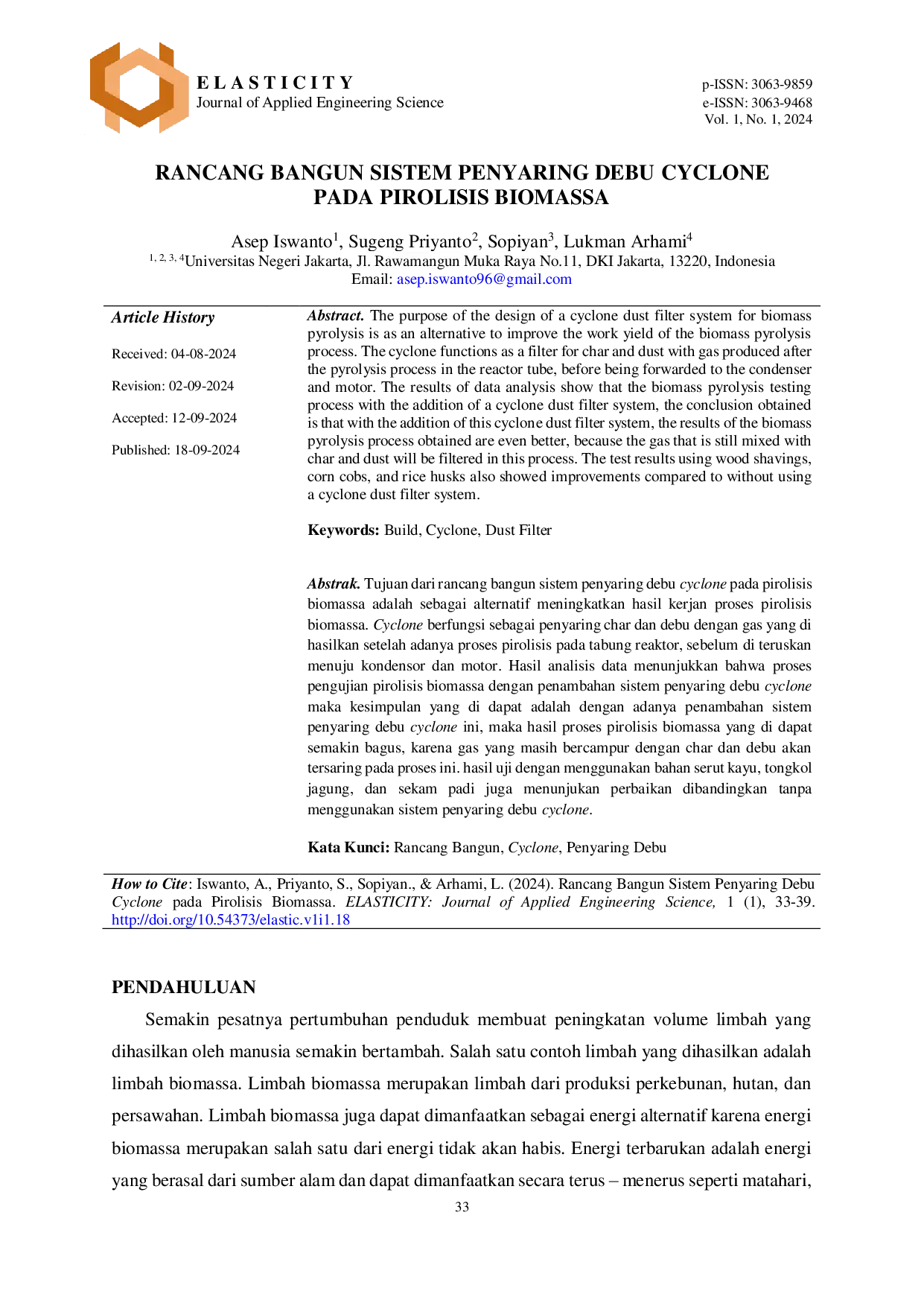 JURIS Rancang Bangun Sistem Penyaring Debu Cyclone pada Pirolisis Biomassa