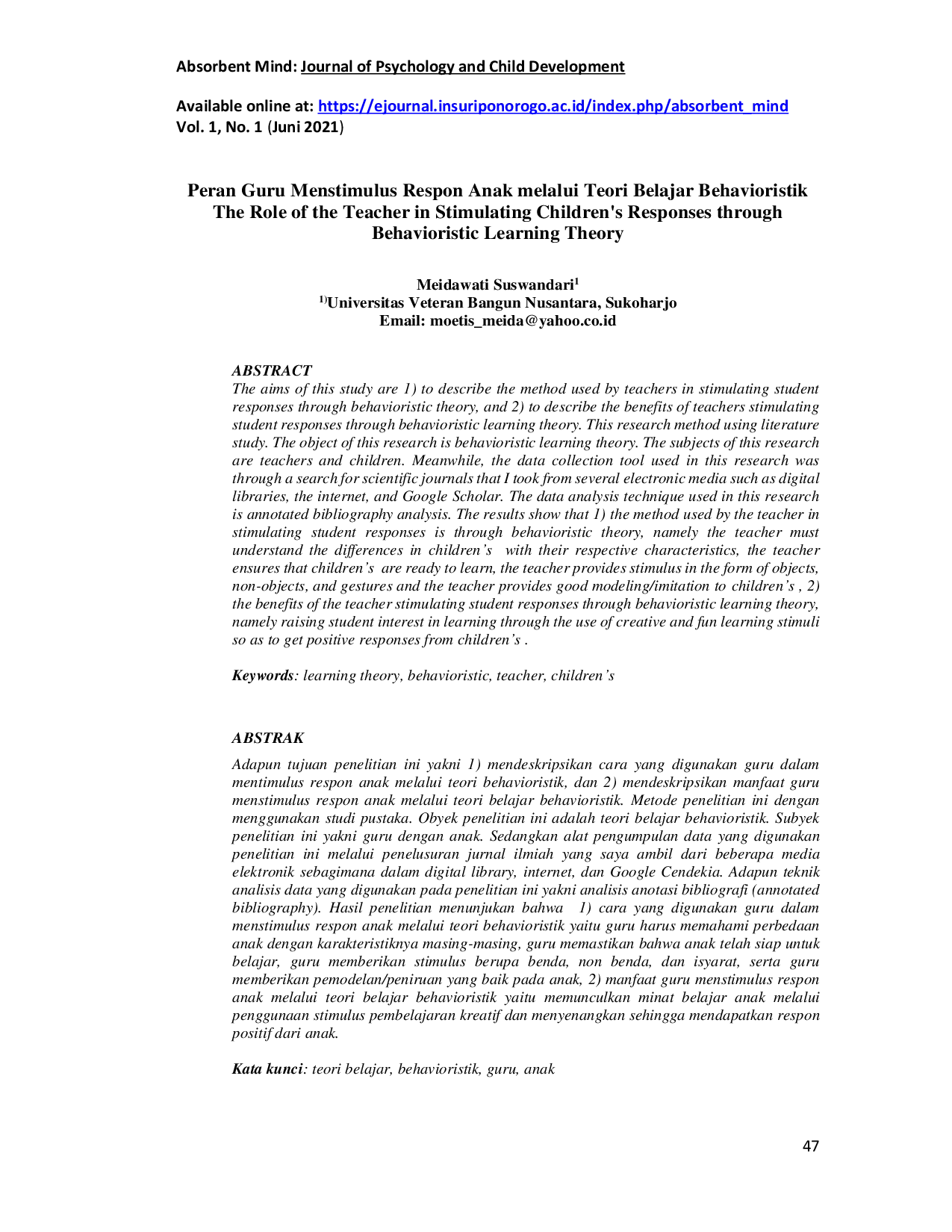 JURIS Peran Guru Menstimulus Respon Anak Melalui Teori Belajar Behavioristik