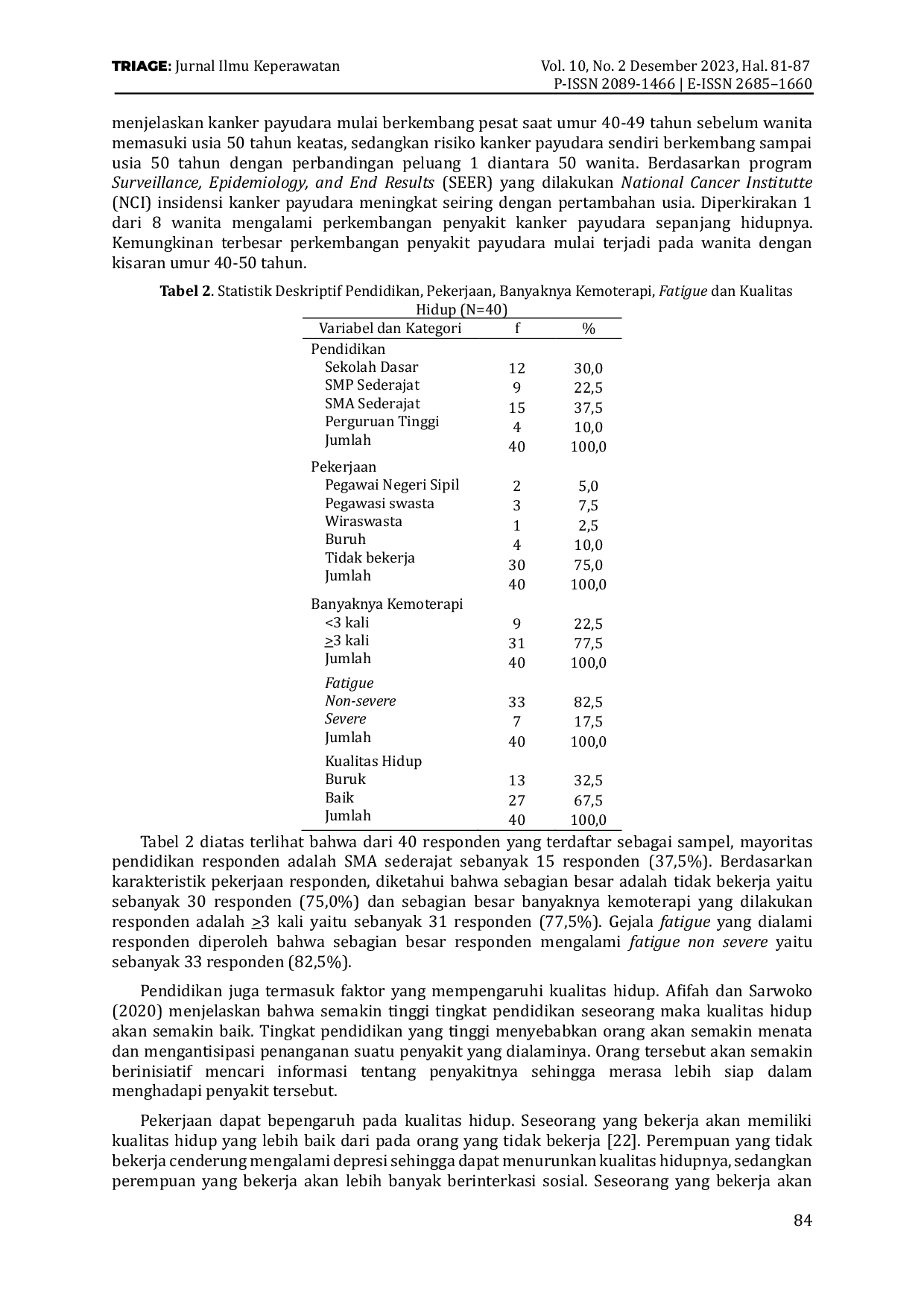 JURIS Hubungan Fatigue dengan Kualitas Hidup Pasien Ca Mammae yang Menjalani Kemoterapi di RSUP dr Soeradji tirtonegoro Klaten