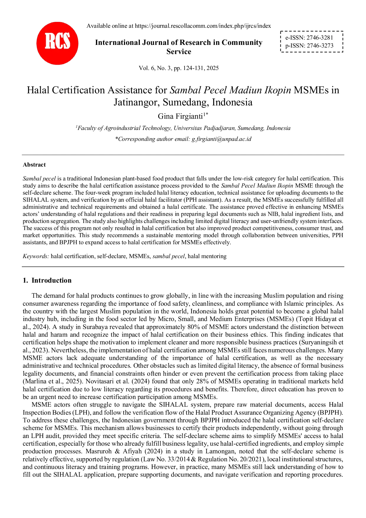 JURIS Halal Certification Assistance for Sambal Pecel Madiun Ikopin MSMEs in Jatinangor Sumedang Indonesia