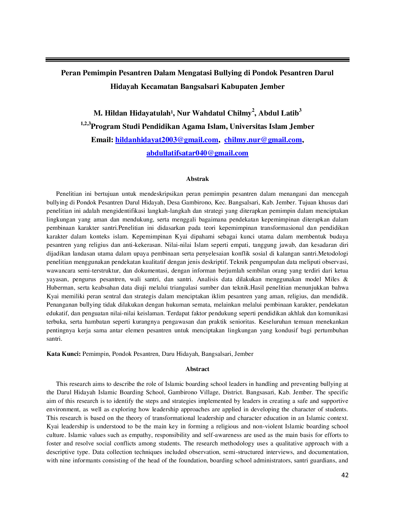 JURIS Peran Pemimpin Pesantren Dalam Mengatasi Bullying di Pondok Pesantren Darul Hidayah Kecamatan Bangsalsari Kabupaten Jember THE ROLE OF BOARDING SCHOOL LEADERS IN OVERCOMING BULLYING AT THE DARUL HIDA
