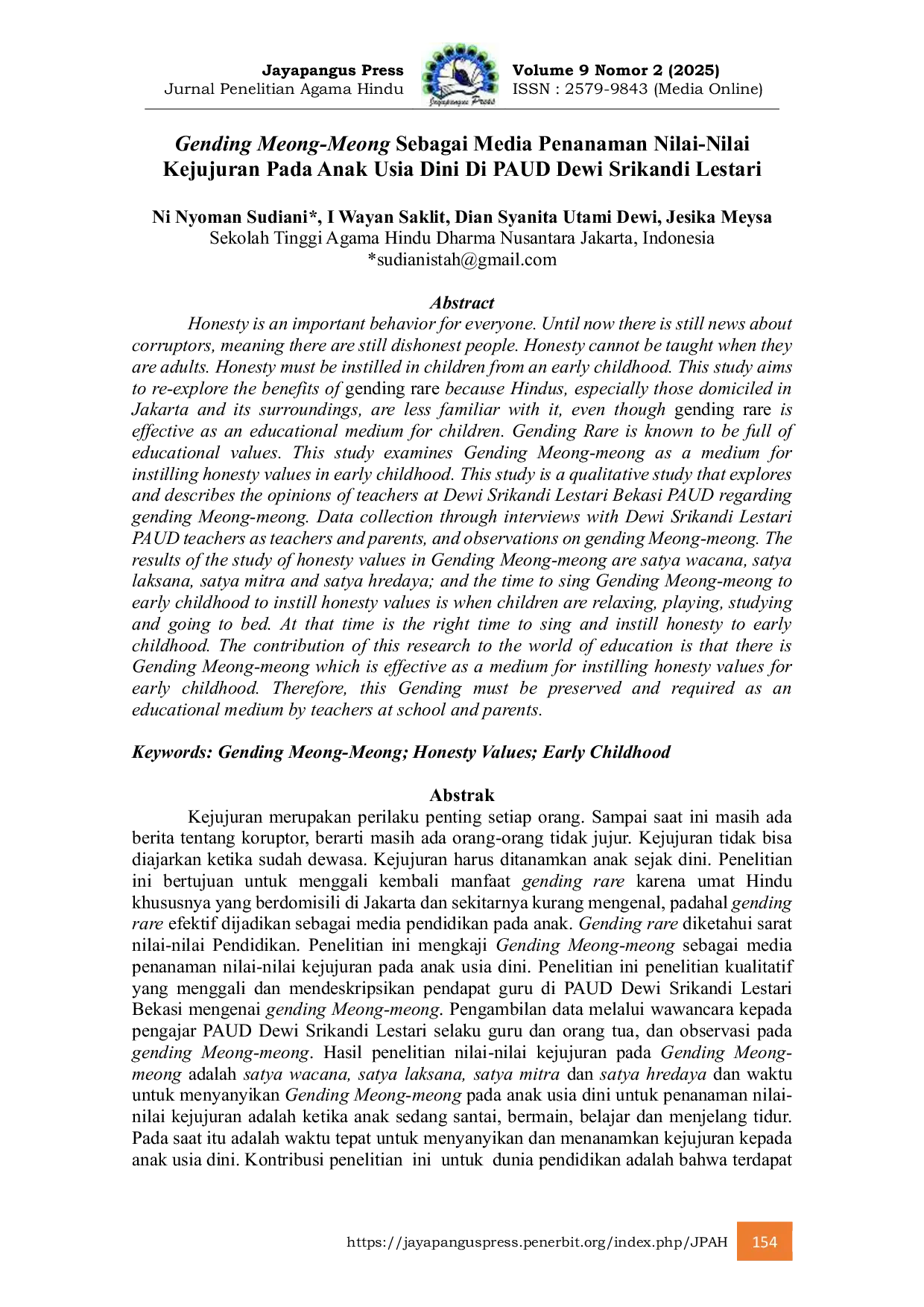 JURIS Gending Meong Meong Sebagai Media Penanaman Nilai Nilai Kejujuran Pada Anak Usia Dini Di PAUD Dewi Srikandi Lestari