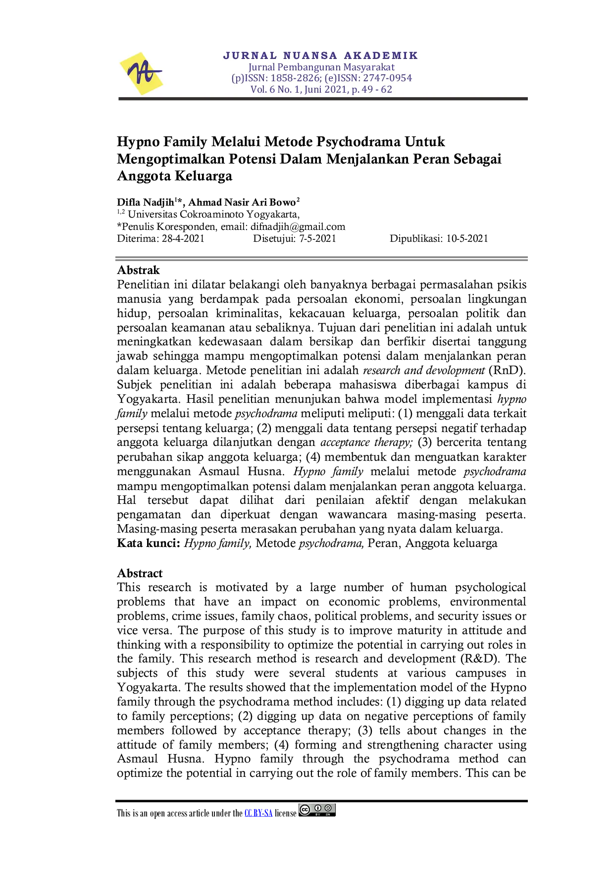 JURIS Hypno Family Melalui Metode Psychodrama Untuk Mengoptimalkan Potensi Dalam Menjalankan Peran Sebagai Anggota Keluarga