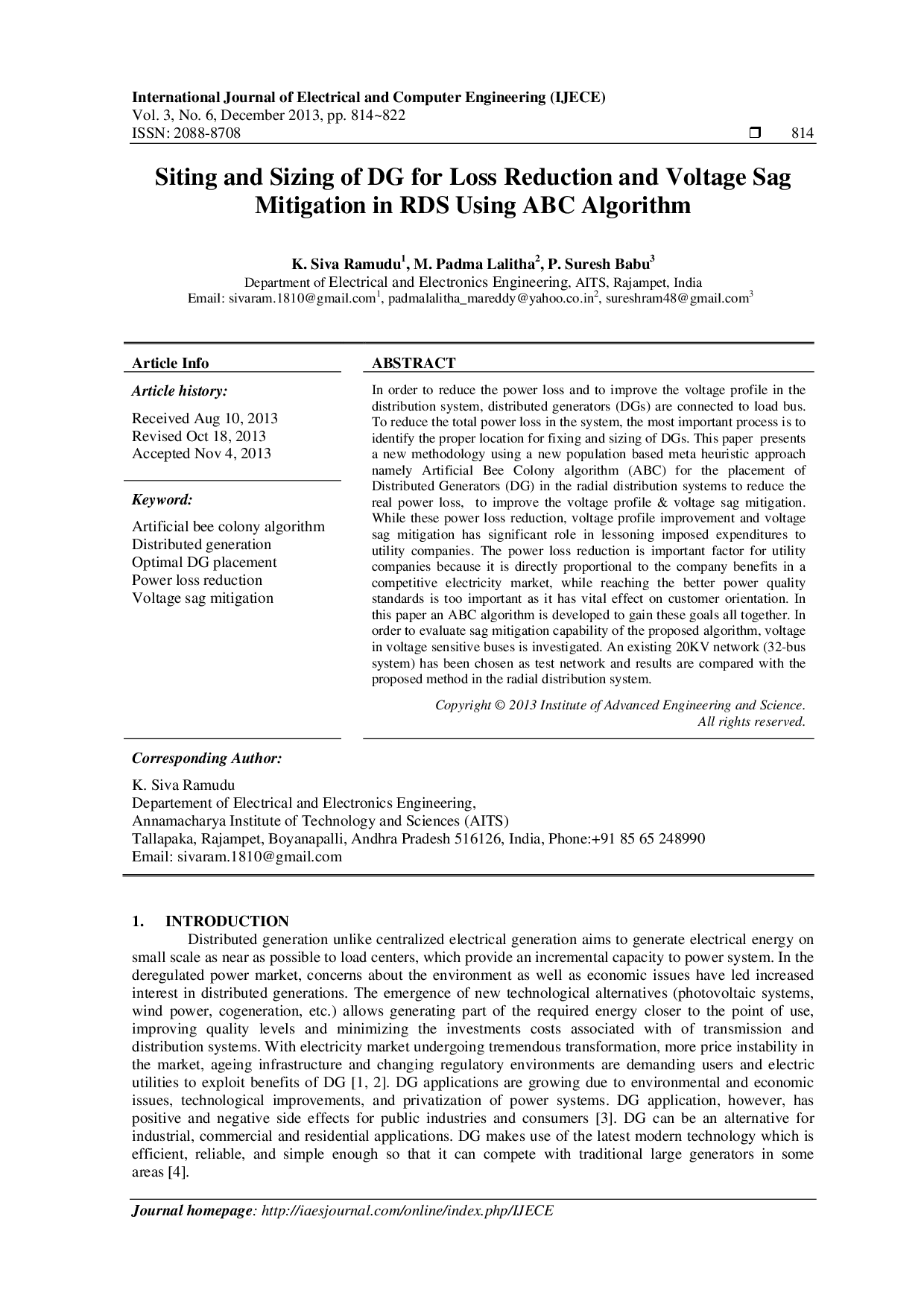 juris Siting and Sizing of DG for Loss Reduction and Voltage Sag Mitigation in RDS Using ABC Algorithm