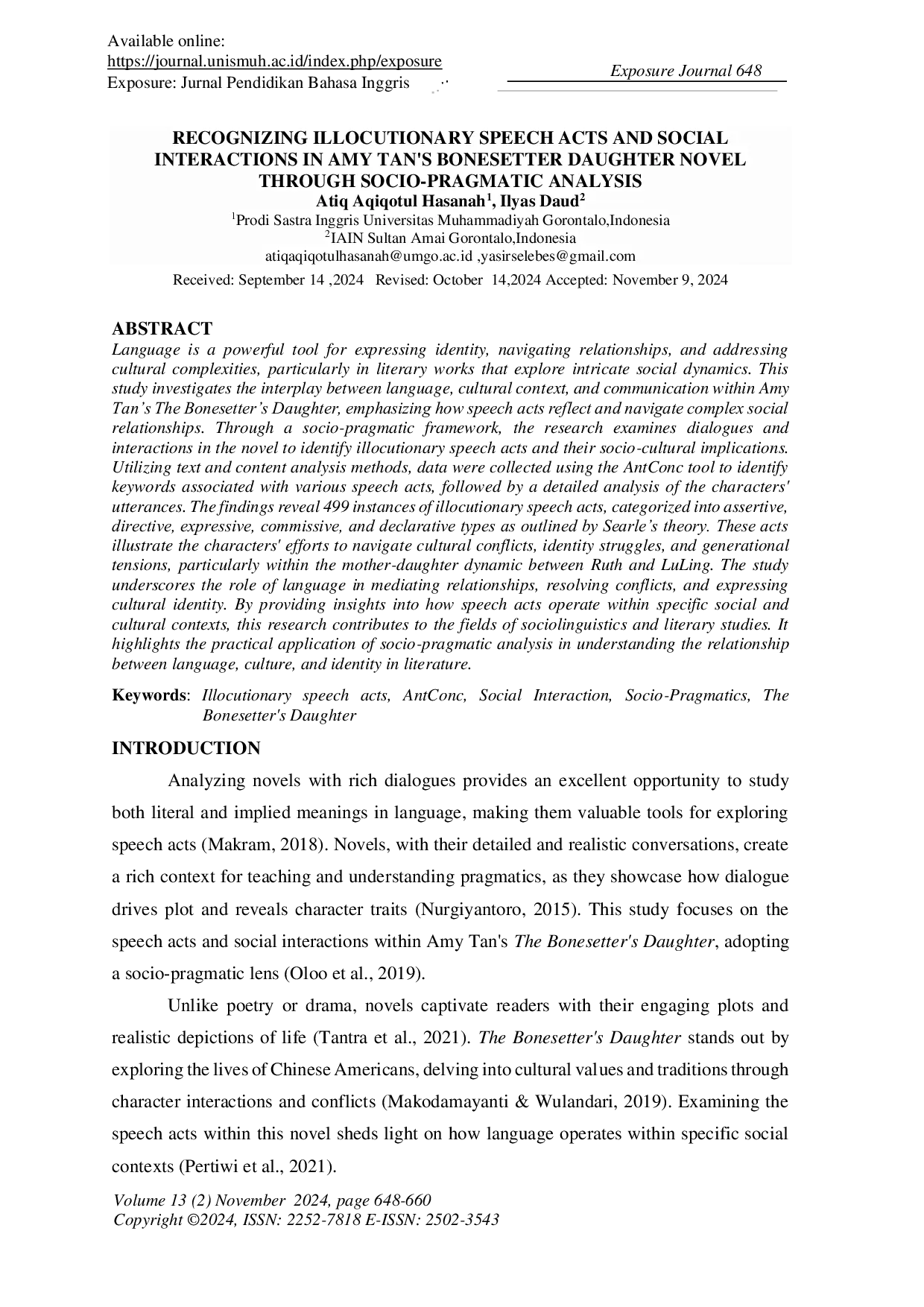 JURIS Recognizing Illocutionary Speech Acts and Social Interactions in Amy Tan s Bonesetter Daughter Novel Through Socio Pragmatic Analysis