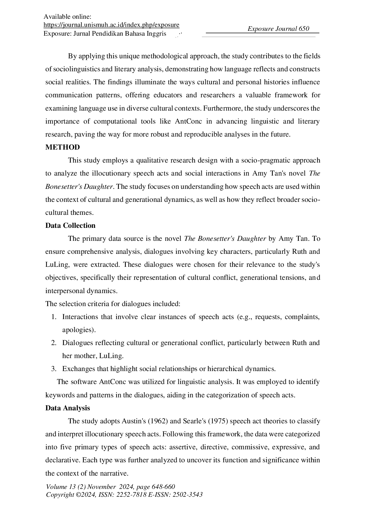 JURIS Recognizing Illocutionary Speech Acts and Social Interactions in Amy Tan s Bonesetter Daughter Novel Through Socio Pragmatic Analysis