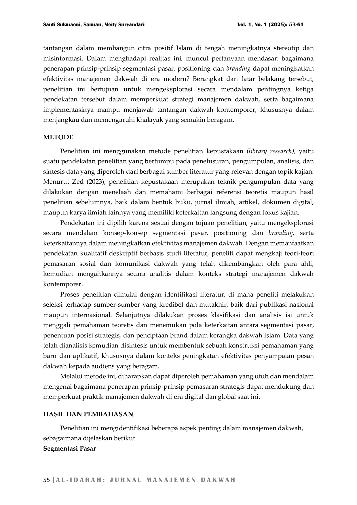 JURIS Pentingnya Segmentasi Pasar Positioning Dan Branding Dalam Meningkatkan Efektivitas Manajemen Dakwah