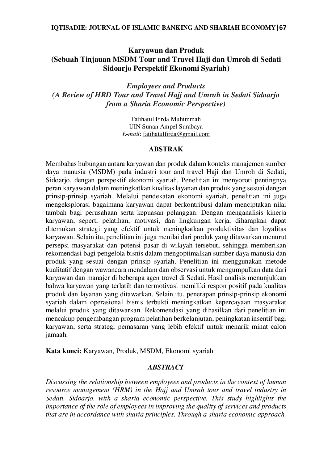 JURIS Karyawan dan Produk Sebuah Tinjauan MSDM Tour and Travel Haji dan Umroh di Sedati Sidoarjo Perspektif Ekonomi Syariah
