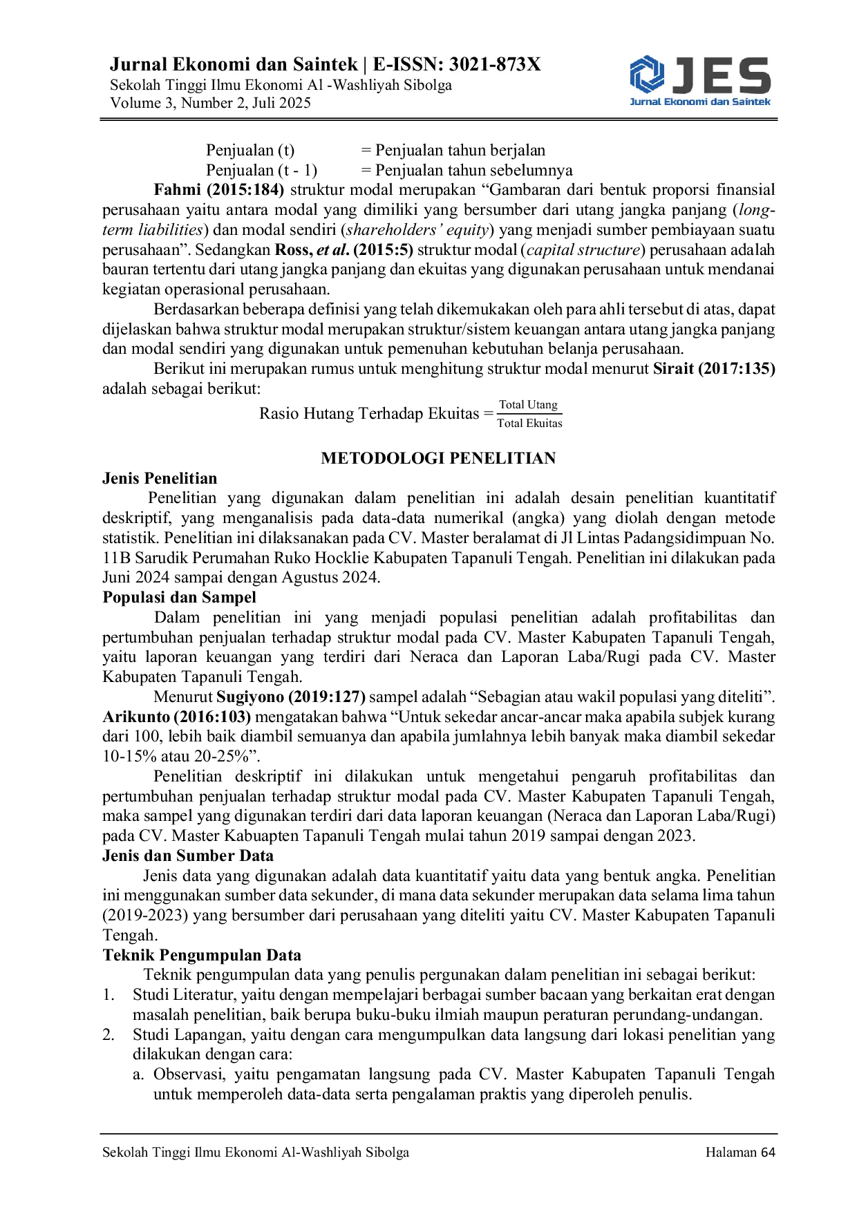 JURIS Pengaruh Profitabilitas Dan Pertumbuhan Penjualan Terhadap Struktur Modal Pada Cv Master Kabupaten Tapanuli Tengah