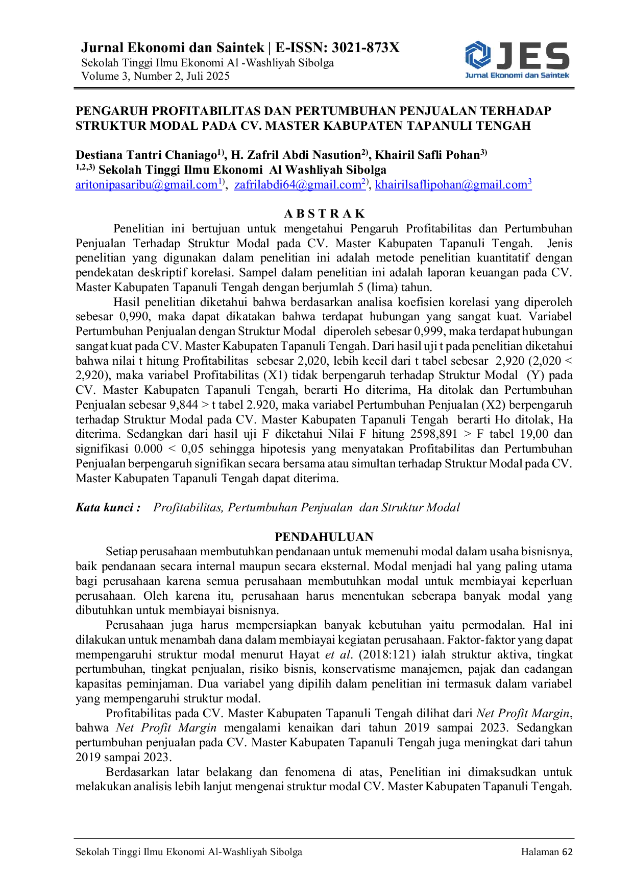 JURIS Pengaruh Profitabilitas Dan Pertumbuhan Penjualan Terhadap Struktur Modal Pada Cv Master Kabupaten Tapanuli Tengah