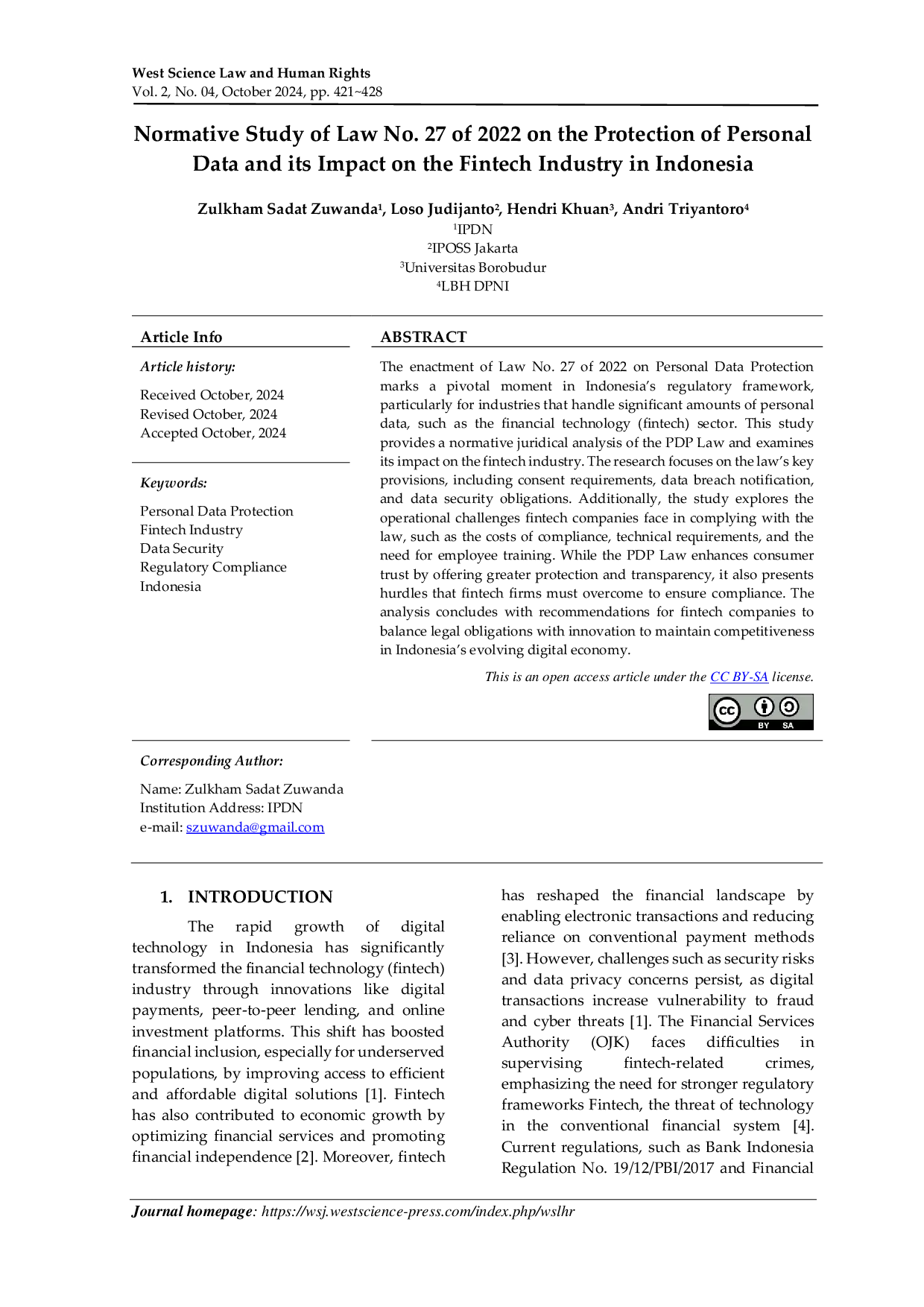 JURIS Normative Study of Law No 27 of 2022 on the Protection of Personal Data and its Impact on the Fintech Industry in Indonesia