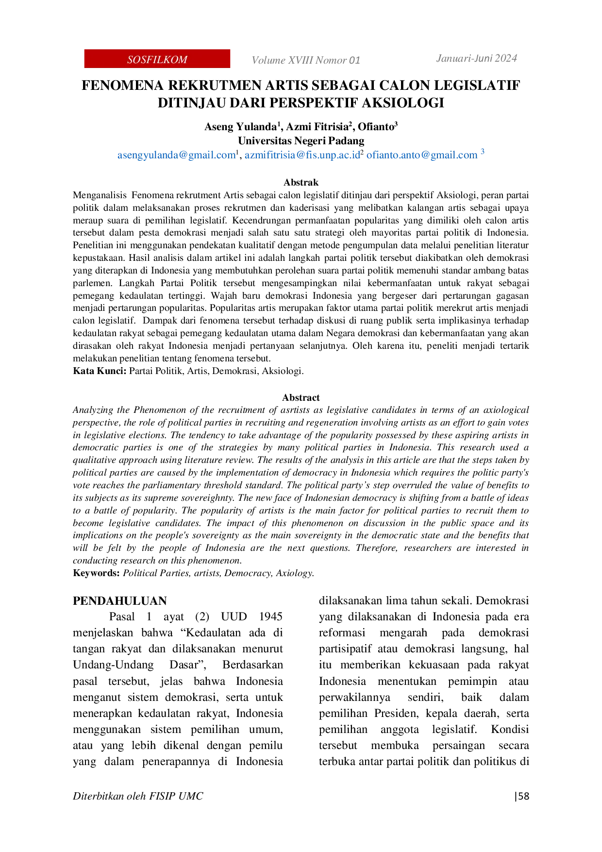 JURIS Fenomena Rekrutmen Artis Sebagai Calon Legislatif Ditinjau Dari Perspektif Aksiologi