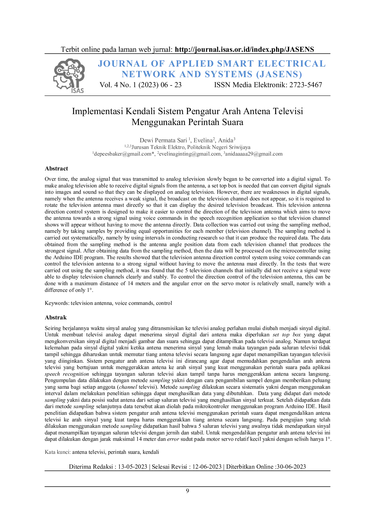 JURIS Implementasi Kendali Sistem Pengatur Arah Antena Televisi Menggunakan Perintah Suara
