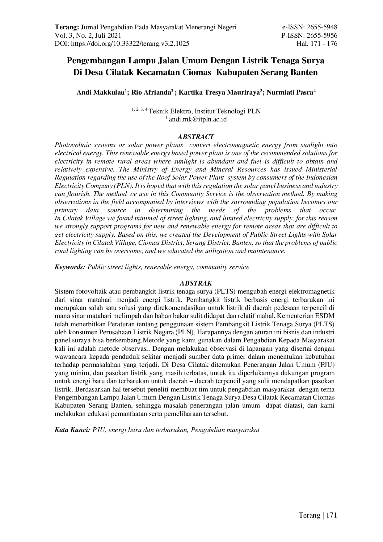 JURIS Pengembangan Lampu Jalan Umum Dengan Listrik Tenaga Surya Di Desa Cilatak Kecamatan Ciomas Kabupaten Serang Banten