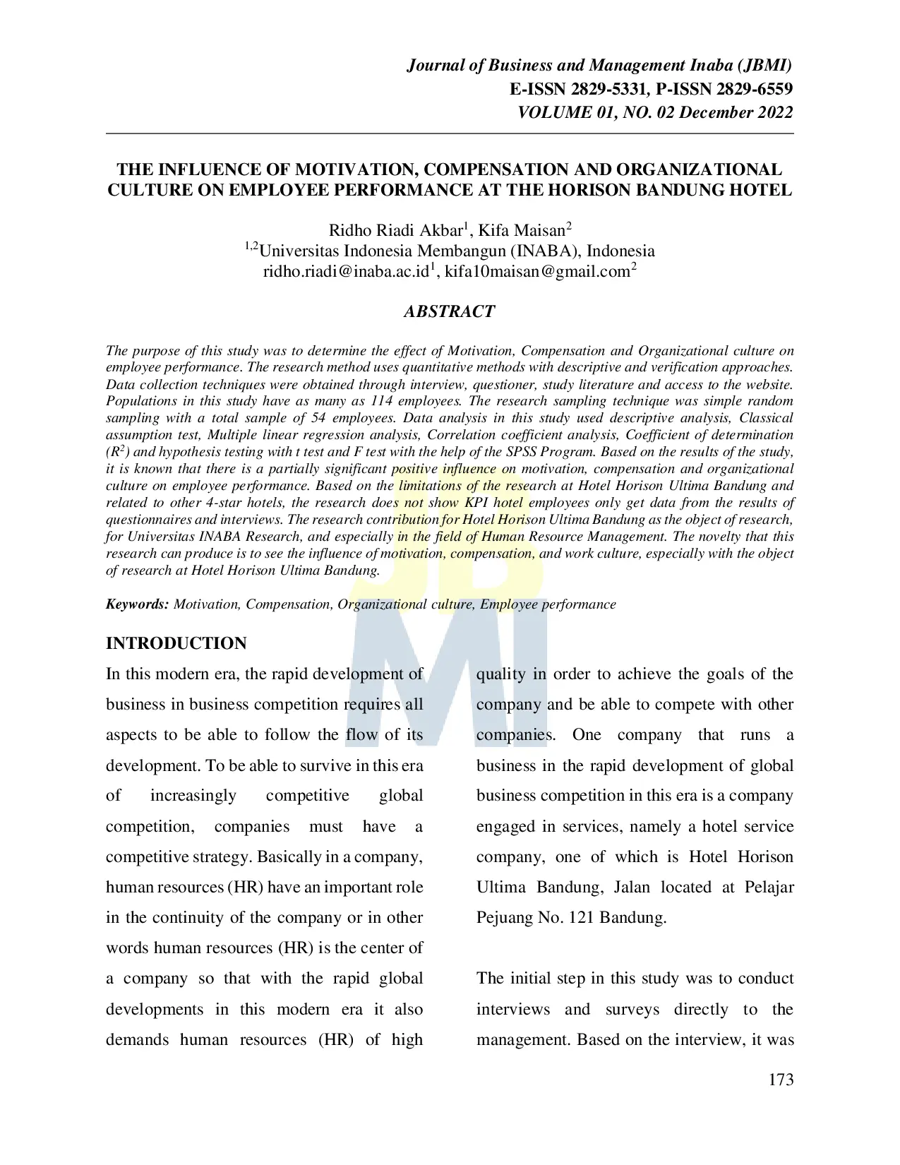 JURIS The Influence of Motivation Compensation and Organizational Culture on Employee Performance at the Horison Bandung Hotel