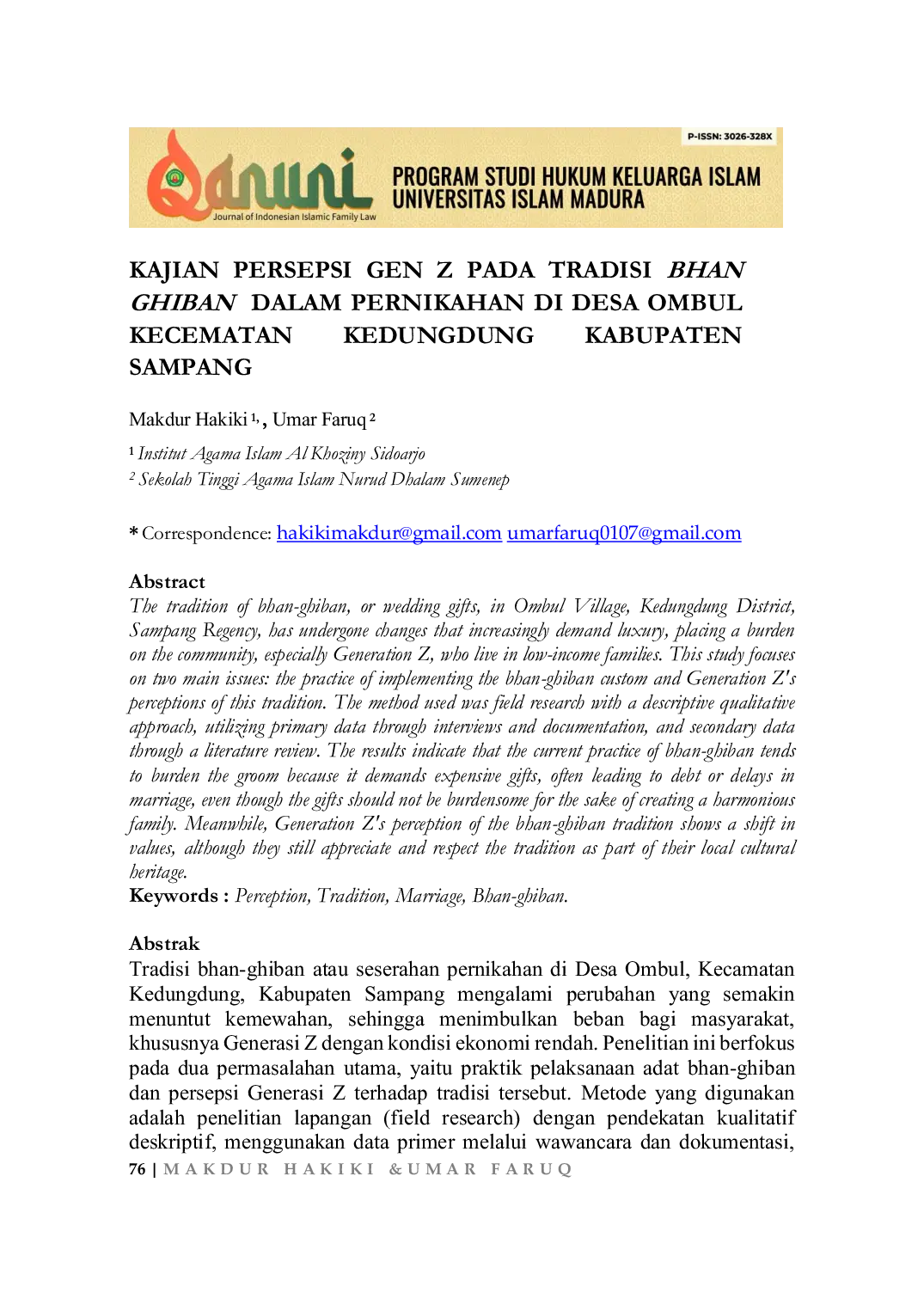 JURIS Kajian Persepsi Gen Z Pada Tradisi Bhan Ghiban Dalam Pernikahan Di Desa Ombul Kecematan Kedungdung Kabupaten Sampang
