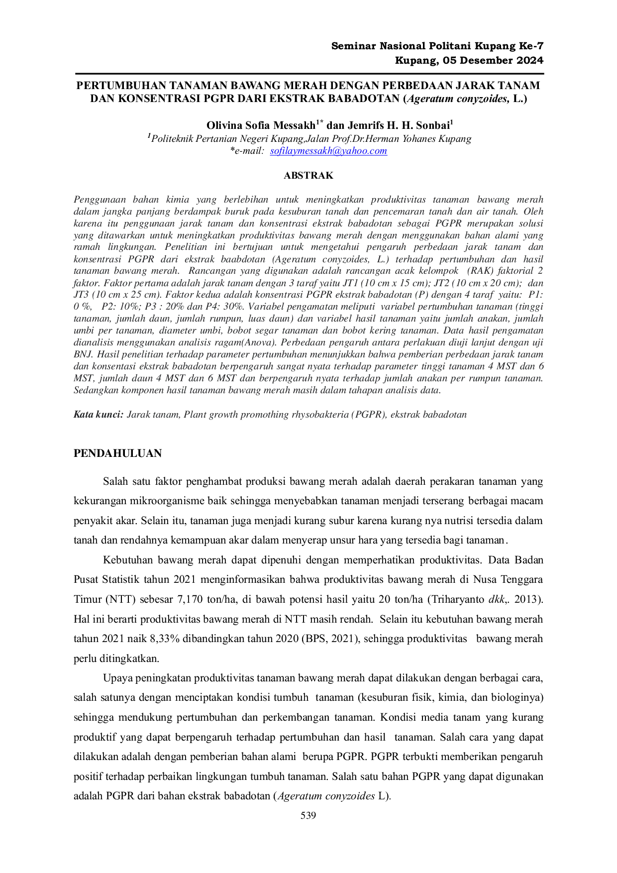 JURIS PERTUMBUHAN TANAMAN BAWANG MERAH DENGAN PERBEDAAN JARAK TANAM DAN KONSENTRASI PGPR DARI EKSTRAK BABADOTAN Ageratum conyzoides L