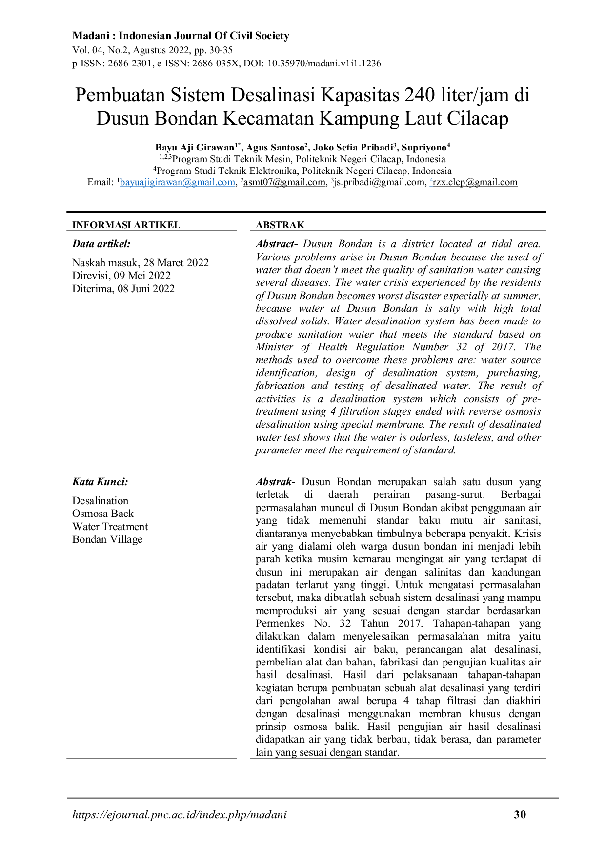 JURIS Pembuatan Sistem Desalinasi Kapasitas 240 liter jam di Dusun Bondan Kecamatan Kampung Laut Cilacap