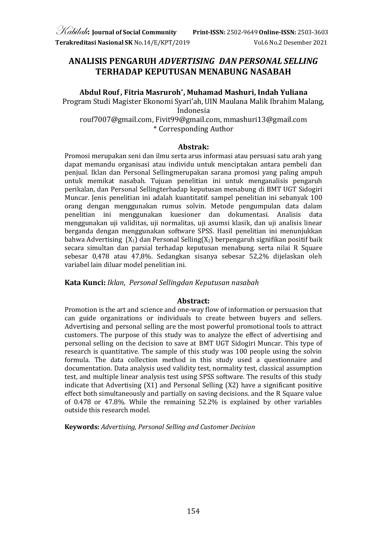 JURIS Analisis Pengaruh Advertising dan Personal Selling Terhadap Keputusan Menabung Nasabah