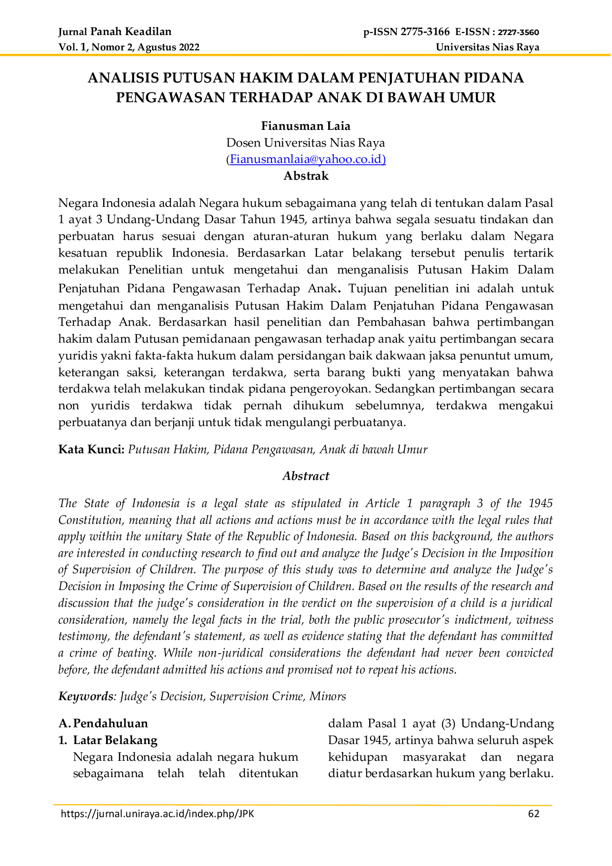 JURIS Analisis Putusan Hakim Dalam Penjatuhan Pidana Pengawasan Terhadap Anak Di Bawah Umur