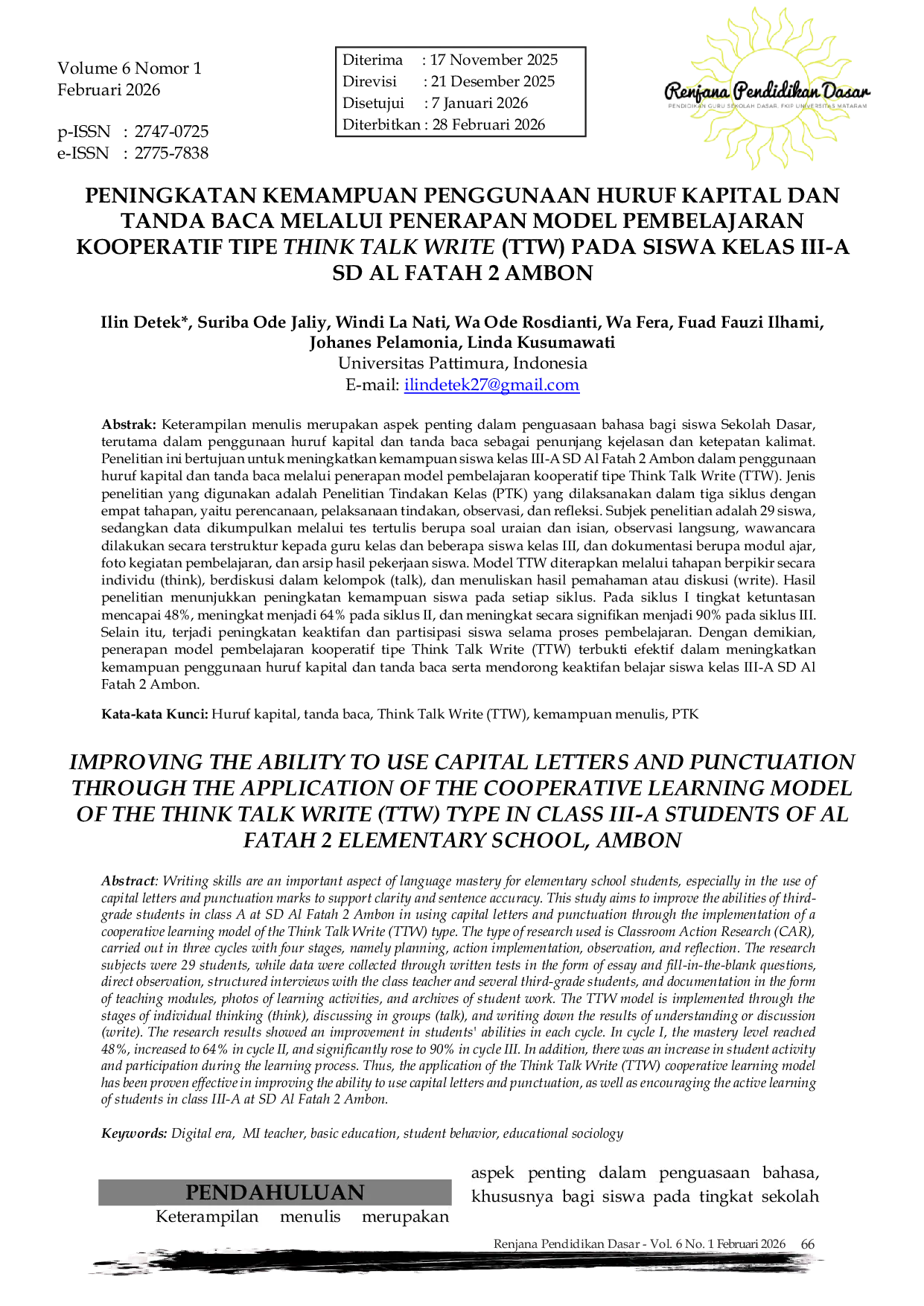 JURIS Peningkatan Kemampuan Penggunaan Huruf Kapital Dan Tanda Baca Melalui Penerapan Model Pembelajaran Kooperatif Tipe Think Talk Write TTW Pada Siswa Kelas Iii A Sd Al Fatah 2 Ambon