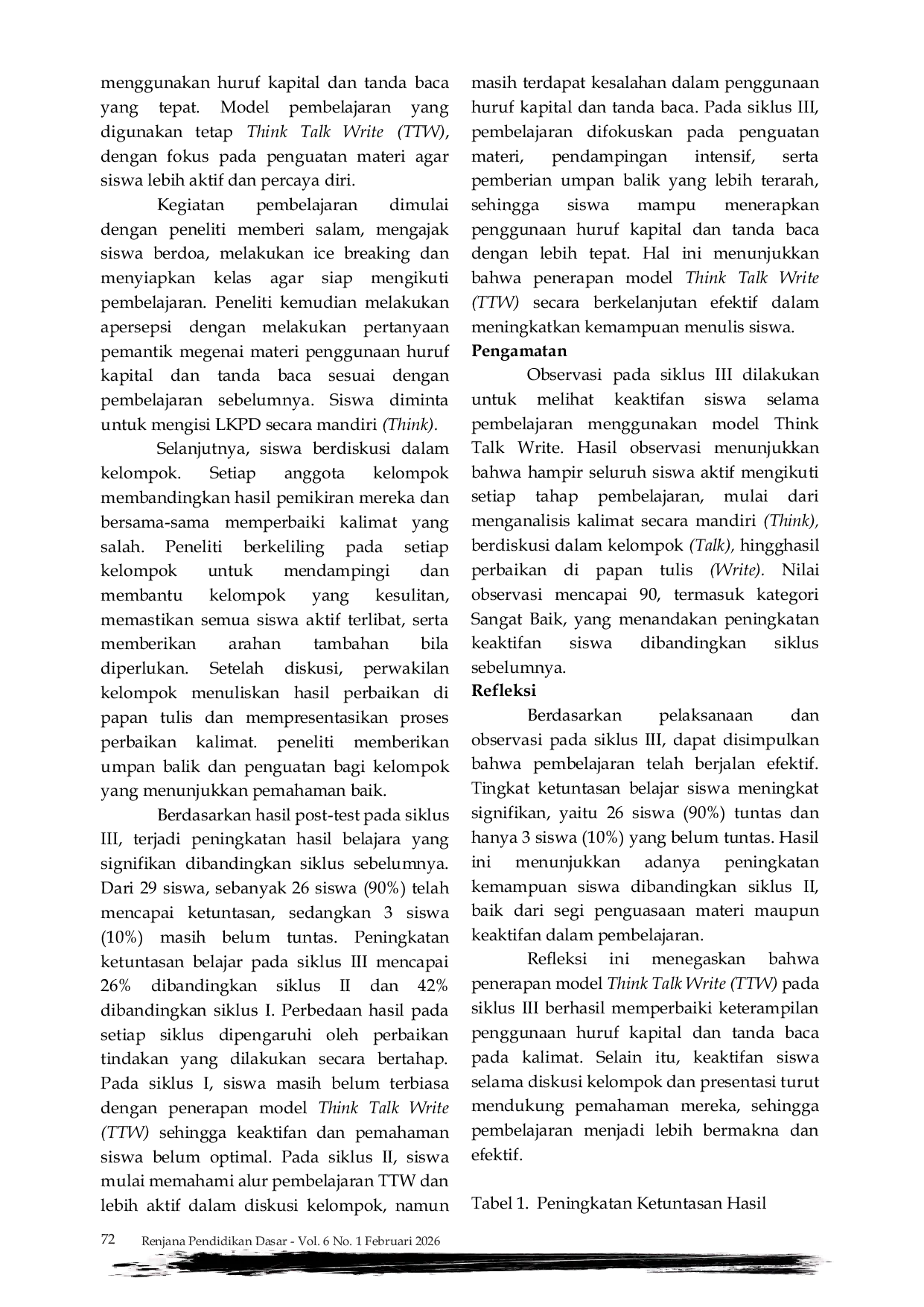 JURIS Peningkatan Kemampuan Penggunaan Huruf Kapital Dan Tanda Baca Melalui Penerapan Model Pembelajaran Kooperatif Tipe Think Talk Write TTW Pada Siswa Kelas Iii A Sd Al Fatah 2 Ambon