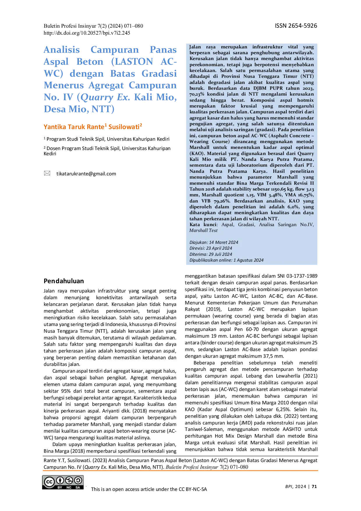 JURIS Analisis Campuran Panas Aspal Beton LASTON AC WC dengan Batas Gradasi Menerus Agregat Campuran No IV Quarry Ex Kali Mio Desa Mio NTT