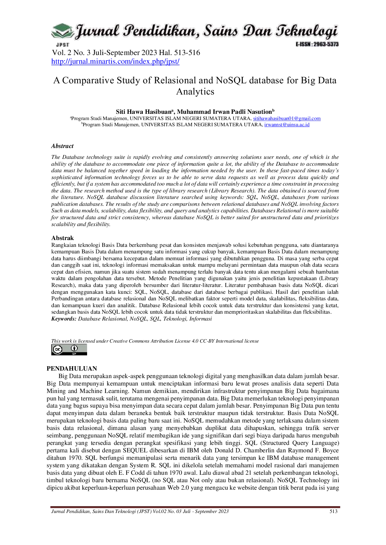 JURIS A Comparative Study of Relasional and NoSQL database for Big Data Analytics