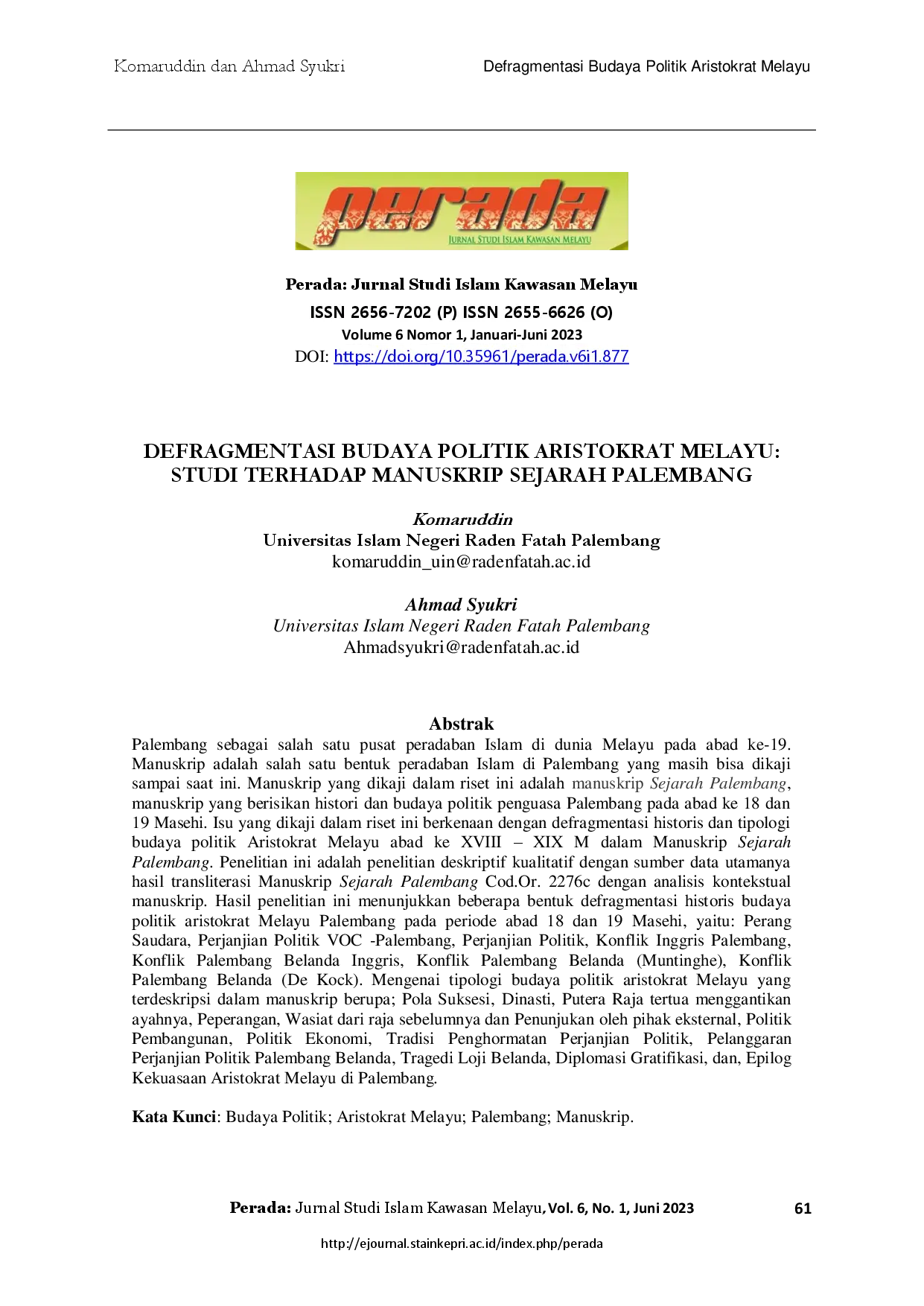 juris Defragmentasi Budaya Politik Aristokrat Melayu Studi Terhadap Manuskrip Sejarah Palembang