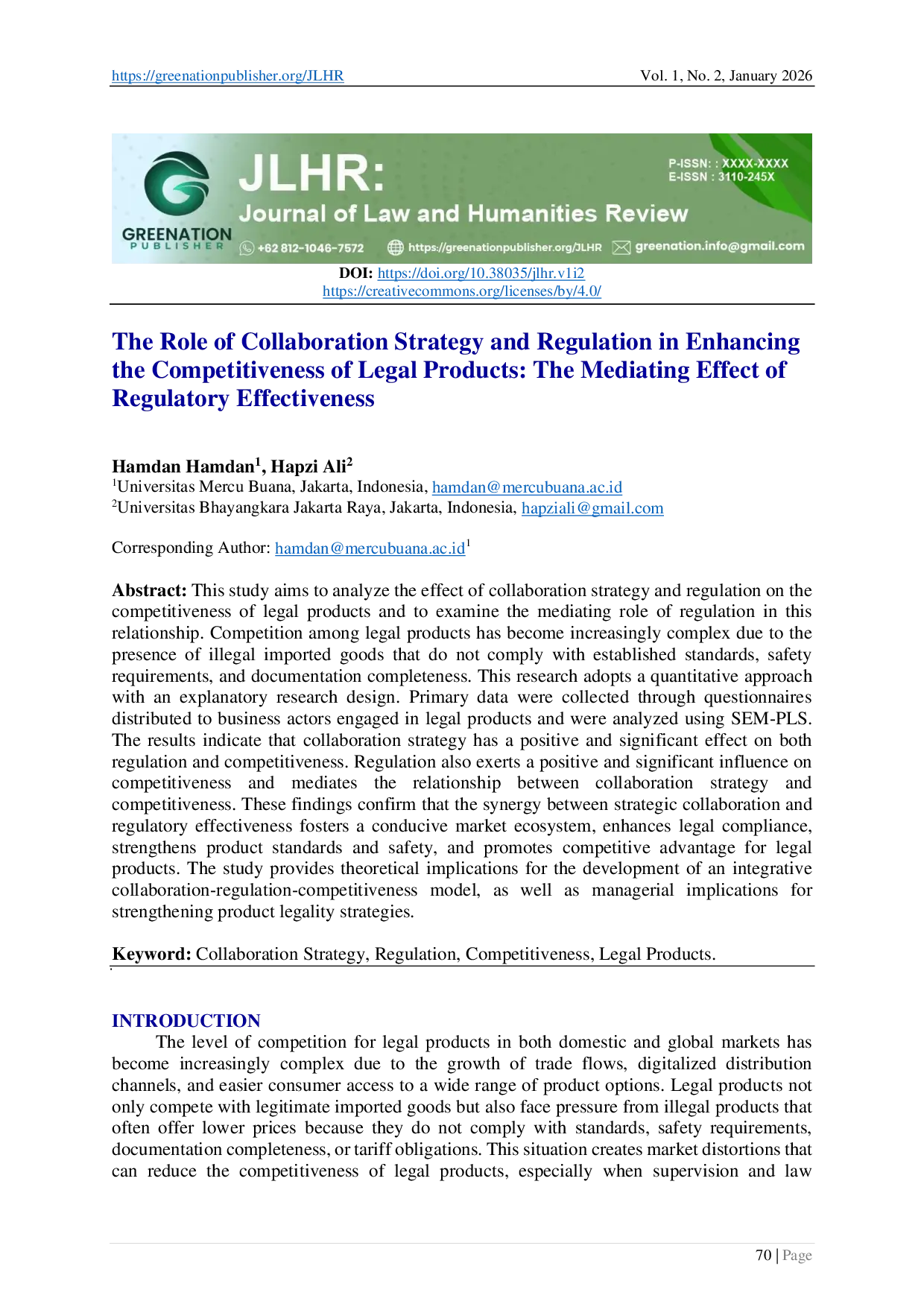 JURIS The Role of Collaboration Strategy and Regulation in Enhancing the Competitiveness of Legal Products The Mediating Effect of Regulatory Effectiveness