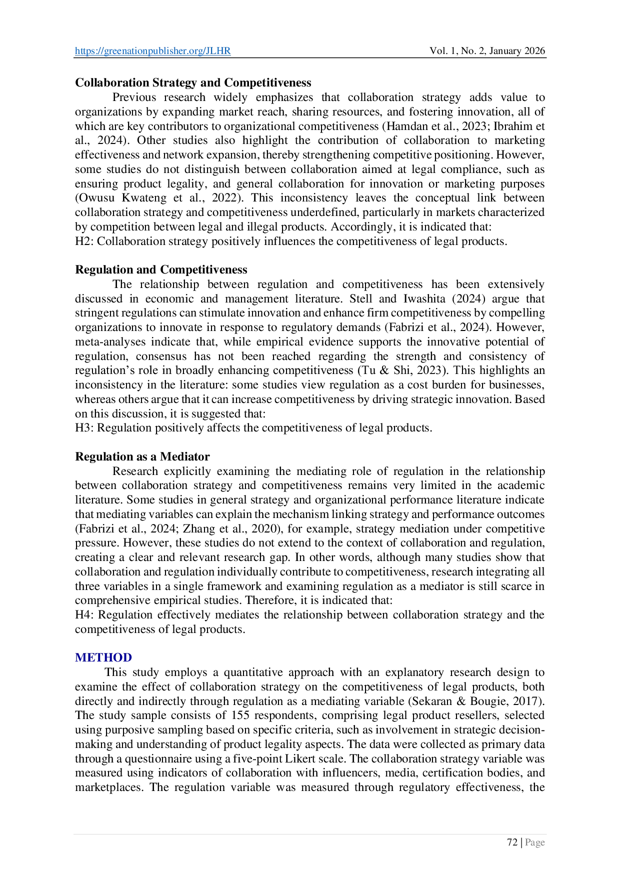 JURIS The Role of Collaboration Strategy and Regulation in Enhancing the Competitiveness of Legal Products The Mediating Effect of Regulatory Effectiveness