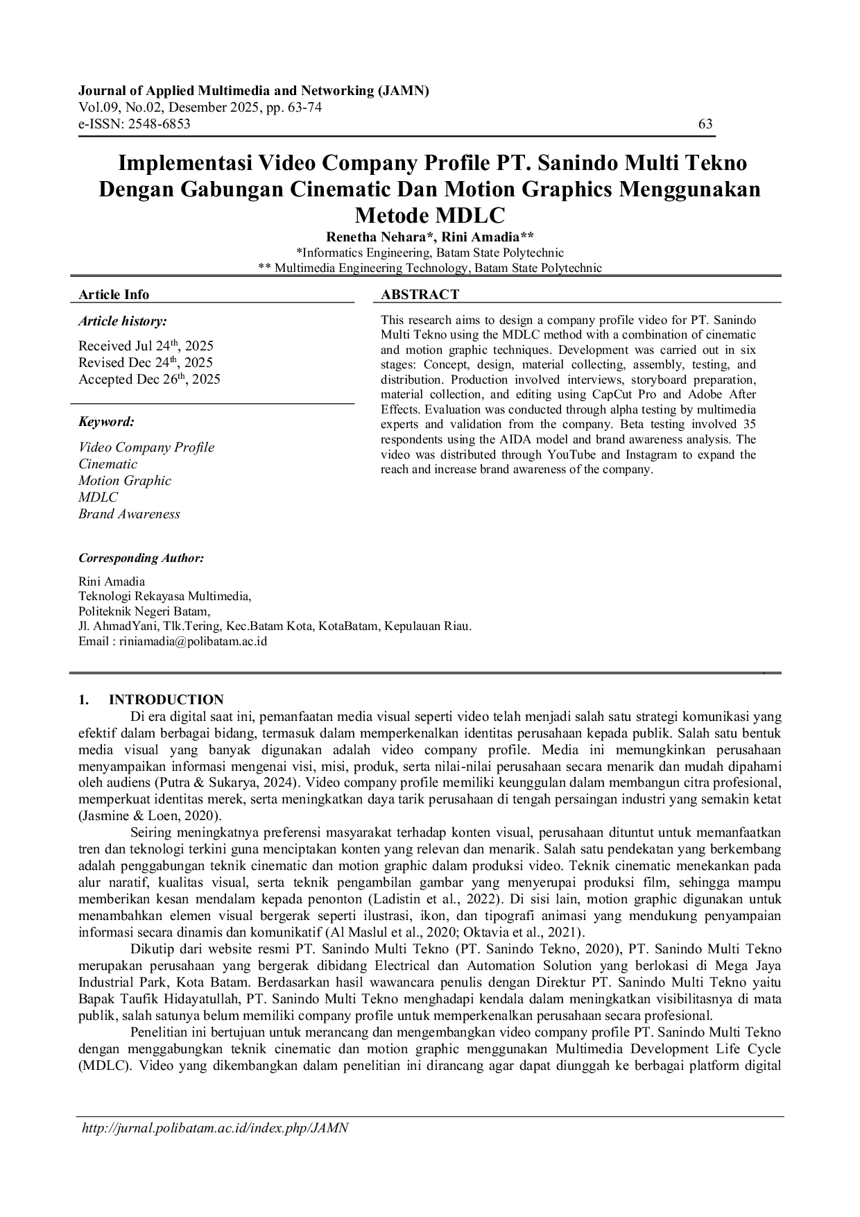 JURIS Implementasi Video Company Profile PT Sanindo Multi Tekno Dengan Gabungan Cinematic Dan Motion Graphics Menggunakan Metode MDLC