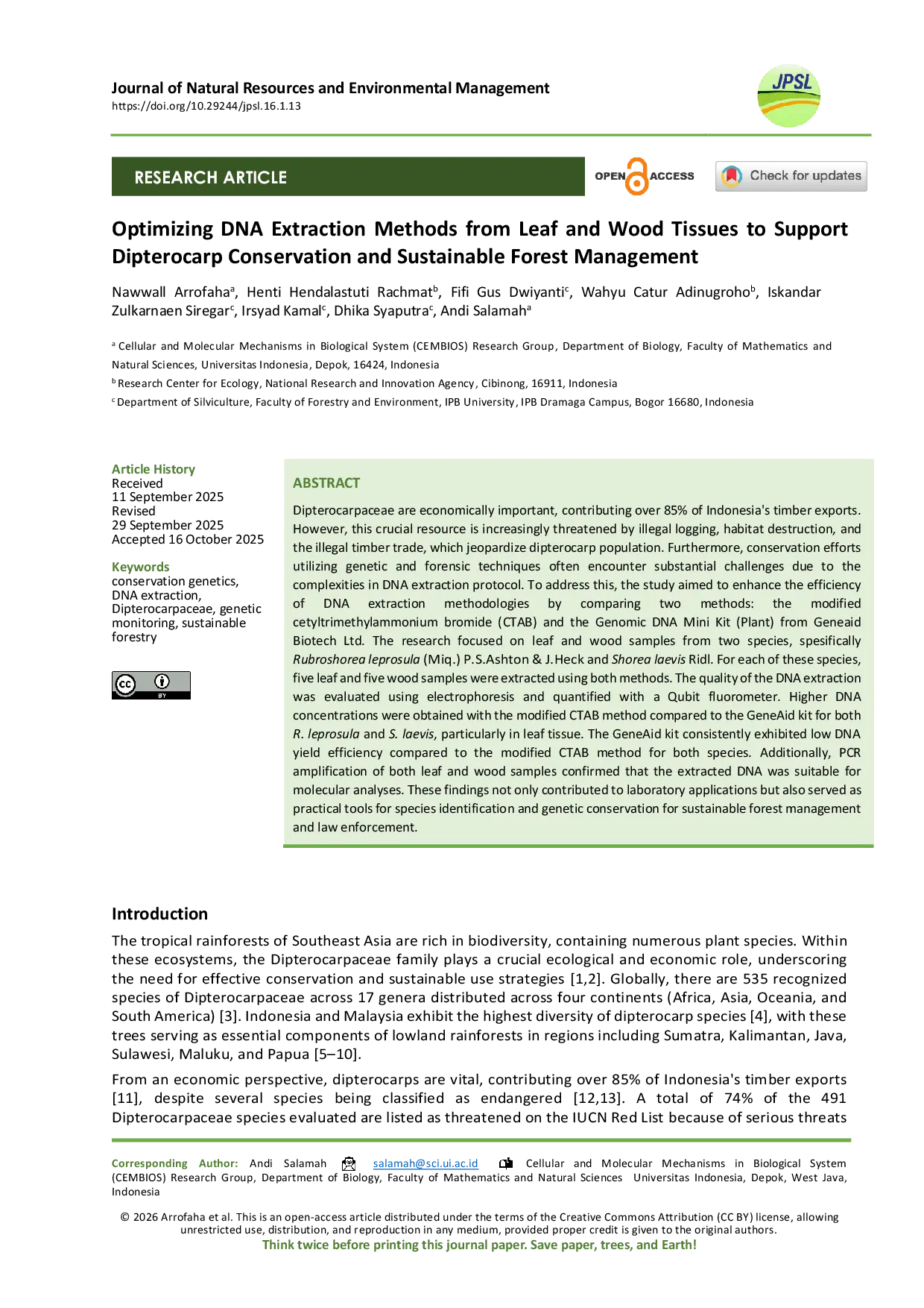 JURIS Optimizing Dna Extraction Methods From Leaf And Wood Tissues To Support Dipterocarp Conservation And Sustainable Forest Management