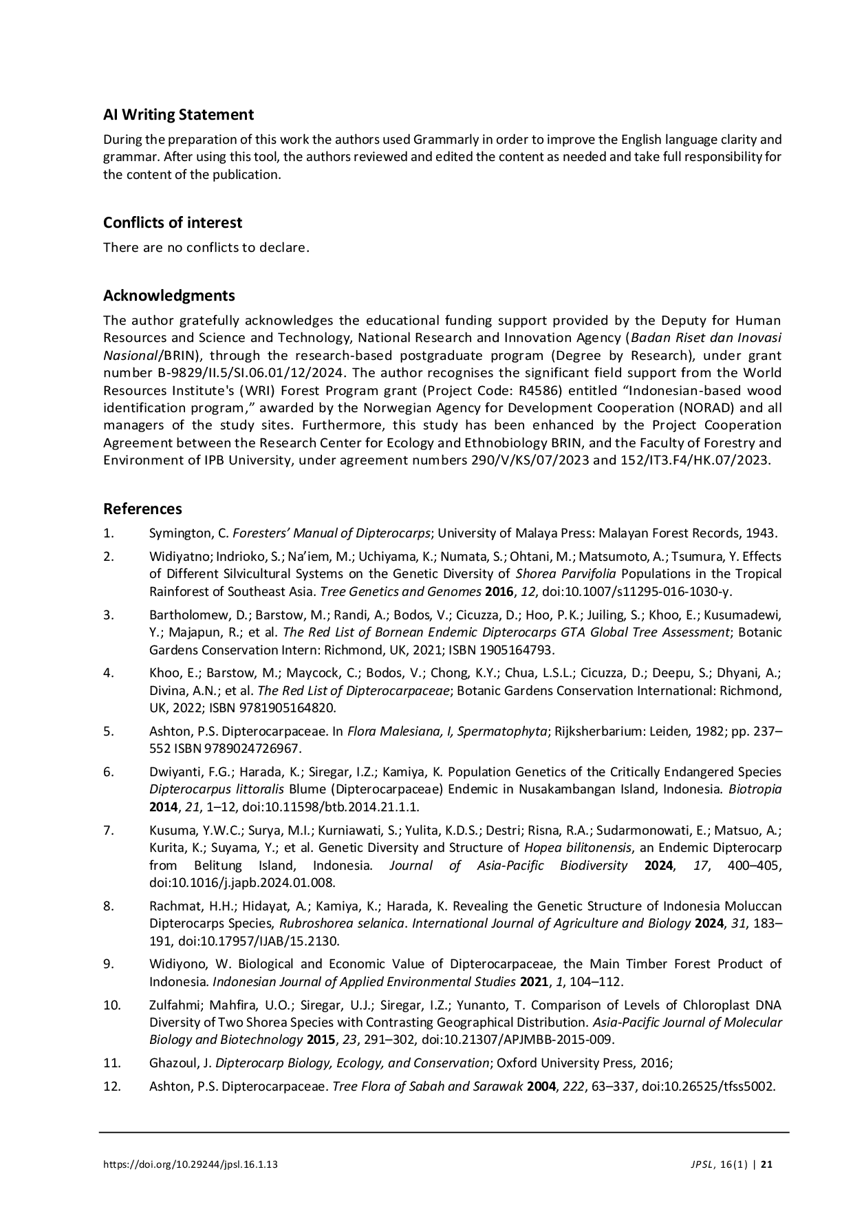 JURIS Optimizing Dna Extraction Methods From Leaf And Wood Tissues To Support Dipterocarp Conservation And Sustainable Forest Management