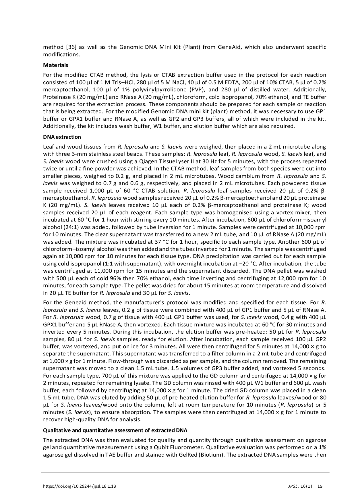 JURIS Optimizing Dna Extraction Methods From Leaf And Wood Tissues To Support Dipterocarp Conservation And Sustainable Forest Management