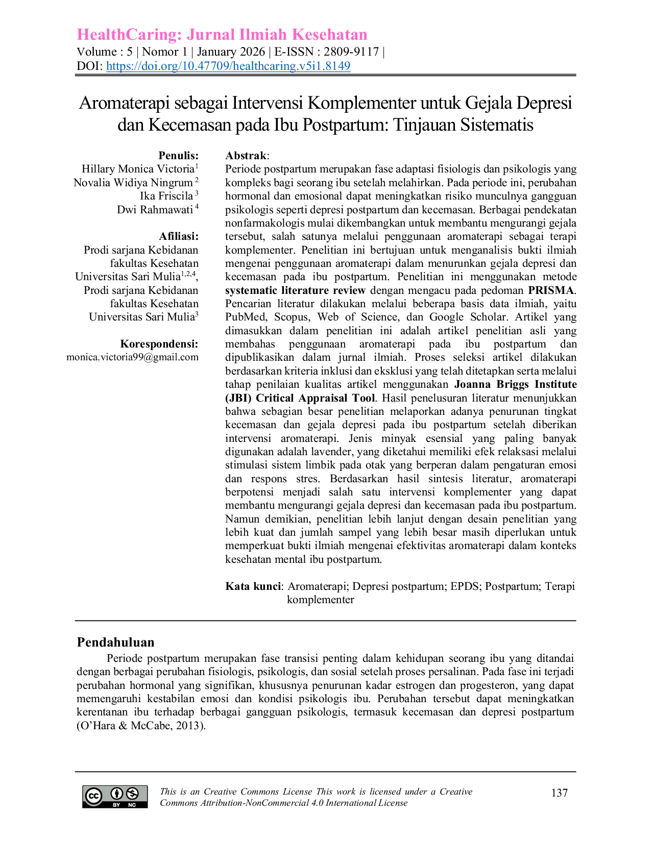 JURIS Aromaterapi sebagai Terapi Komplementer pada Gejala Depresi dan Kecemasan Ibu Postpartum Tinjauan Sistematis