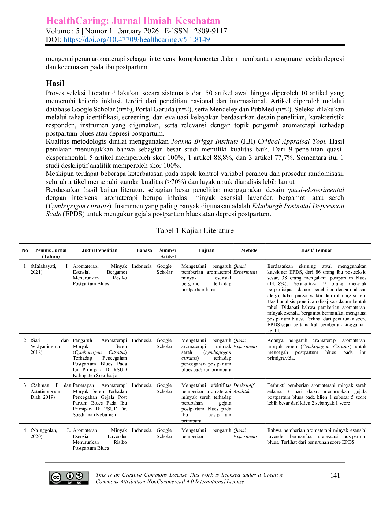 JURIS Aromaterapi sebagai Terapi Komplementer pada Gejala Depresi dan Kecemasan Ibu Postpartum Tinjauan Sistematis
