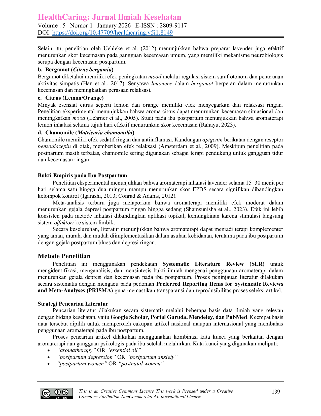 JURIS Aromaterapi sebagai Terapi Komplementer pada Gejala Depresi dan Kecemasan Ibu Postpartum Tinjauan Sistematis