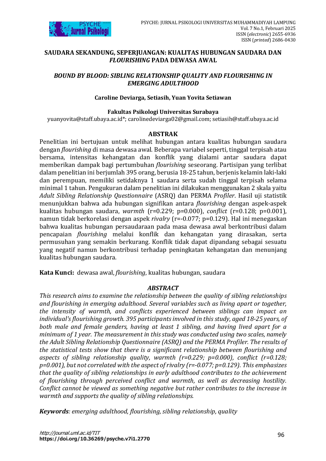 JURIS Saudara Sekandung Seperjuangan Kualitas Hubungan Saudara dan Flourishing pada Dewasa Awal