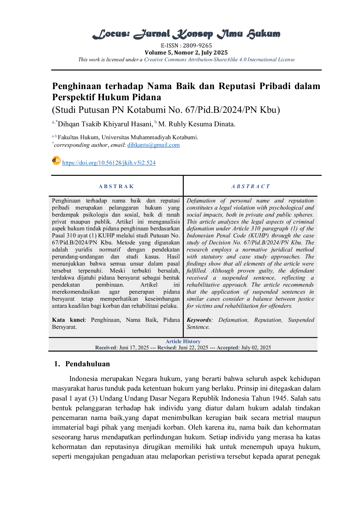 JURIS Penghinaan terhadap Nama Baik dan Reputasi Pribadi dalam Perspektif Hukum Pidana Studi Putusan PN Kotabumi No 67 Pid B 2024 PN Kbu