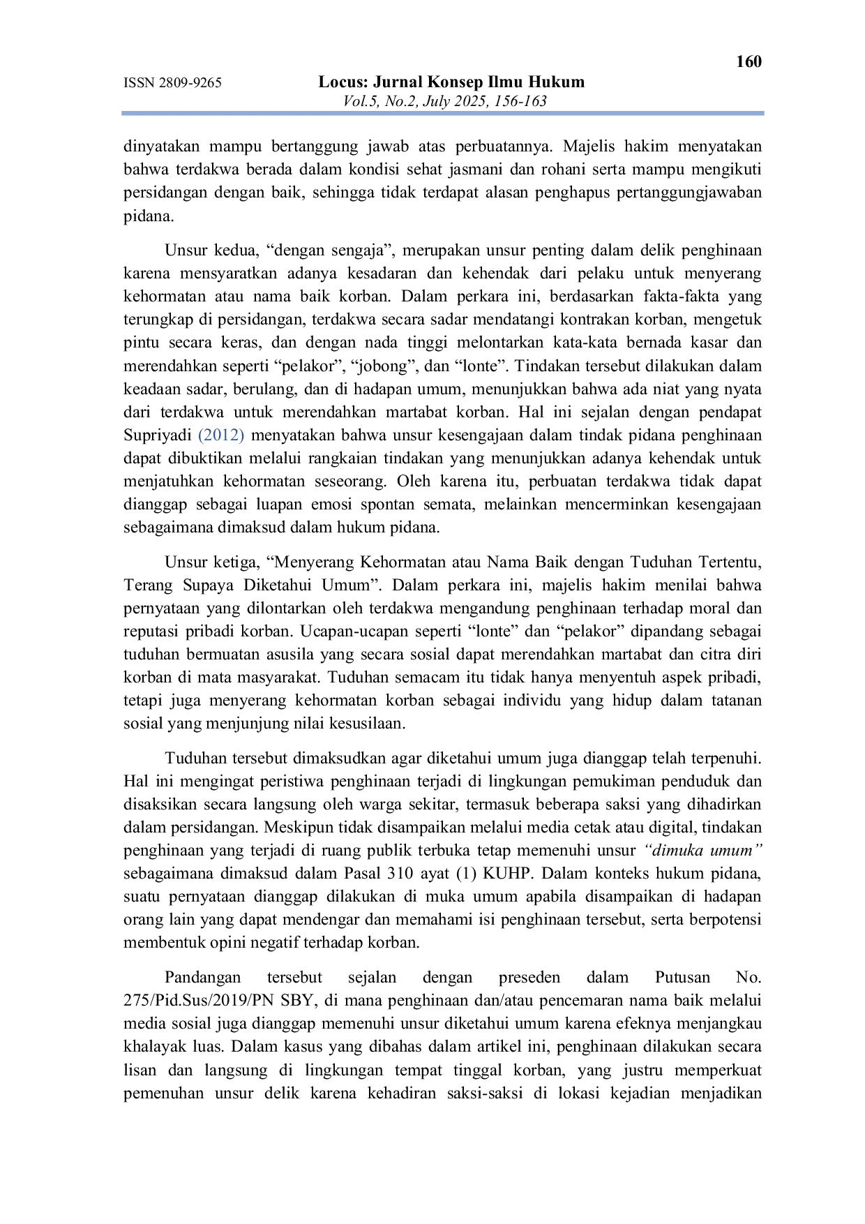 JURIS Penghinaan terhadap Nama Baik dan Reputasi Pribadi dalam Perspektif Hukum Pidana Studi Putusan PN Kotabumi No 67 Pid B 2024 PN Kbu
