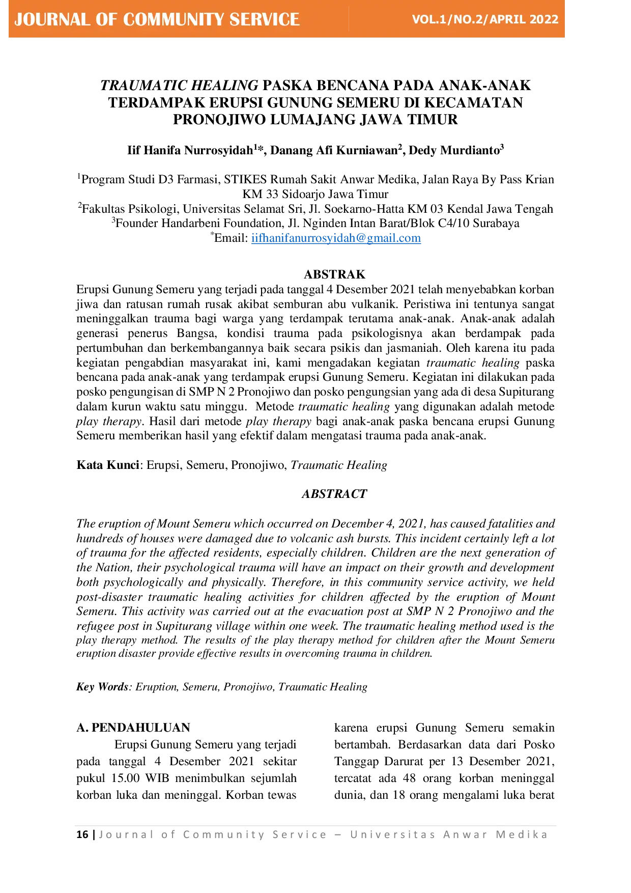 JURIS Traumatic Healing Paska Bencana Pada Anak Anak Terdampak Erupsi Gunung Semeru Di Kecamatan Pronojiwo Lumajang Jawa Timur