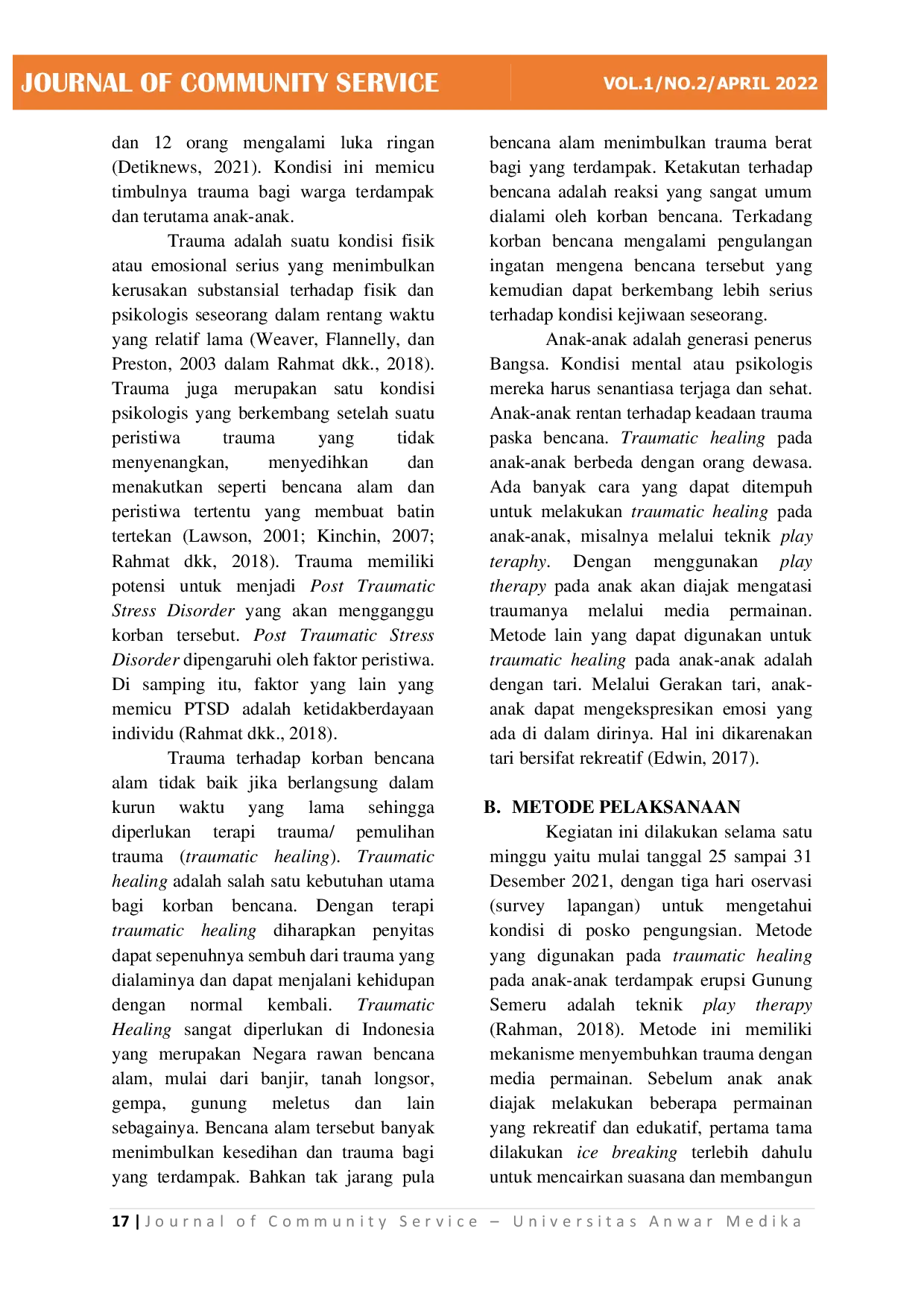 JURIS Traumatic Healing Paska Bencana Pada Anak Anak Terdampak Erupsi Gunung Semeru Di Kecamatan Pronojiwo Lumajang Jawa Timur