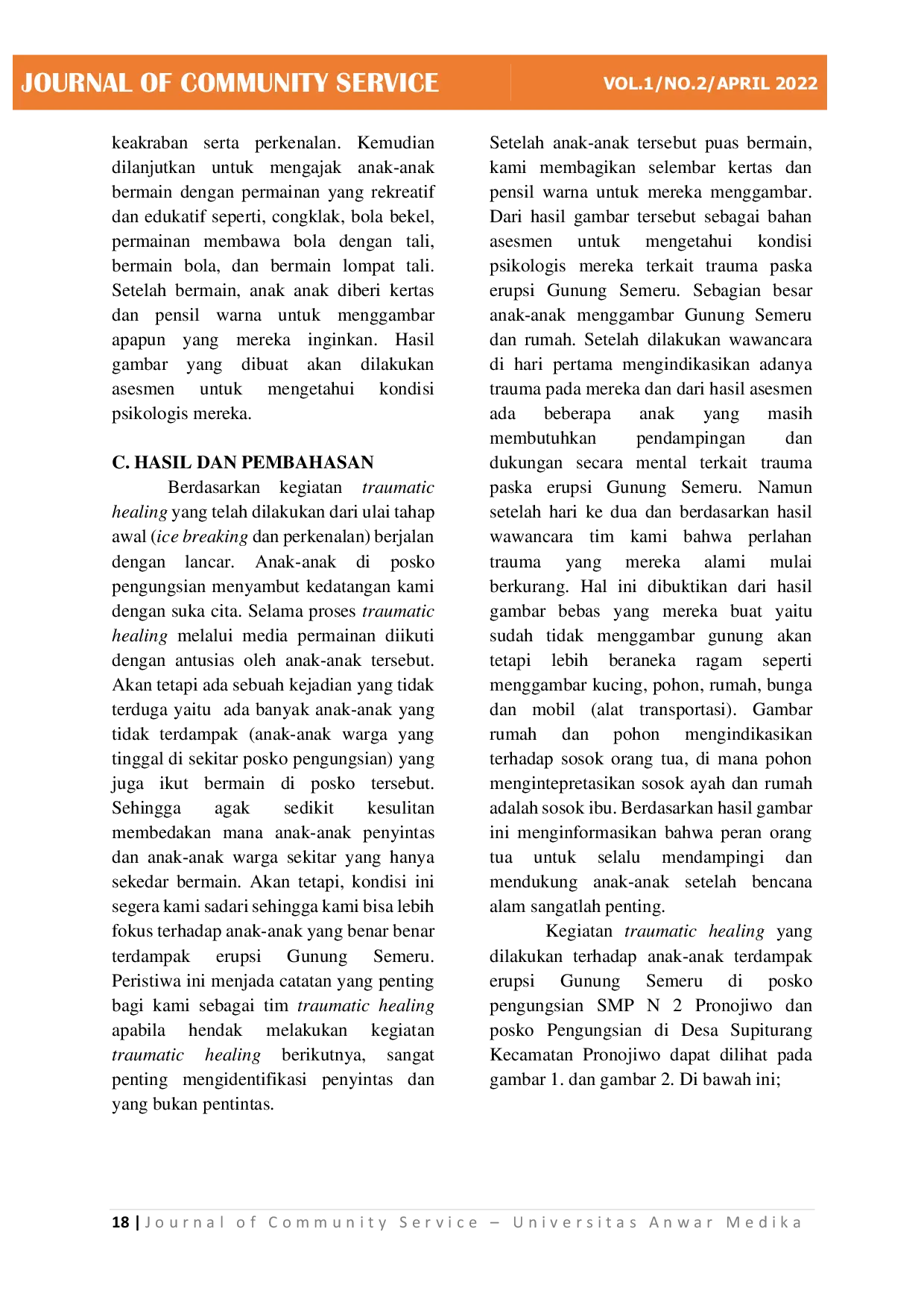 JURIS Traumatic Healing Paska Bencana Pada Anak Anak Terdampak Erupsi Gunung Semeru Di Kecamatan Pronojiwo Lumajang Jawa Timur