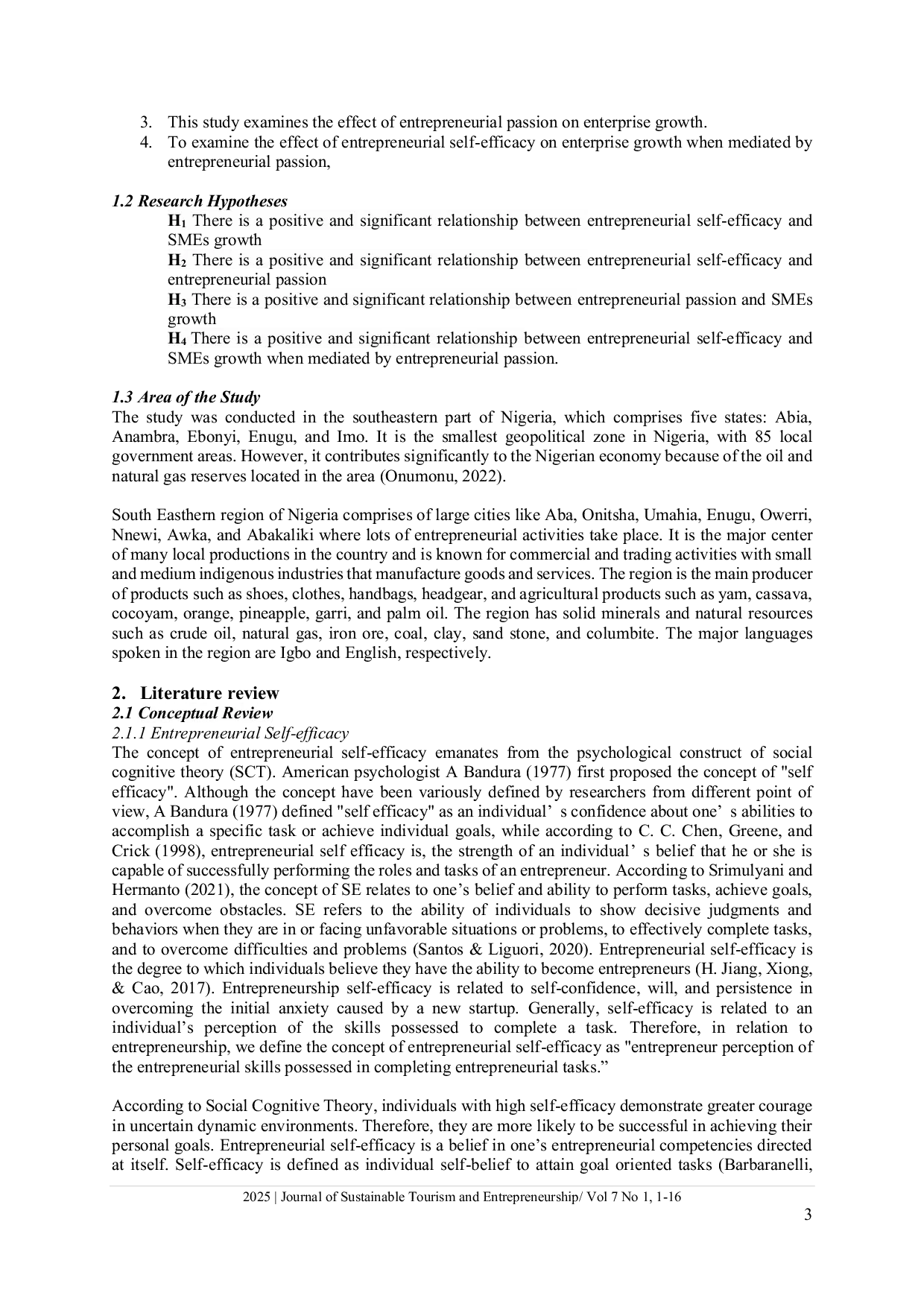 JURIS Entrepreneurial self efficacy on enterprise growth of SMEs in South Eastern Nigeria the role of entrepreneurial passion
